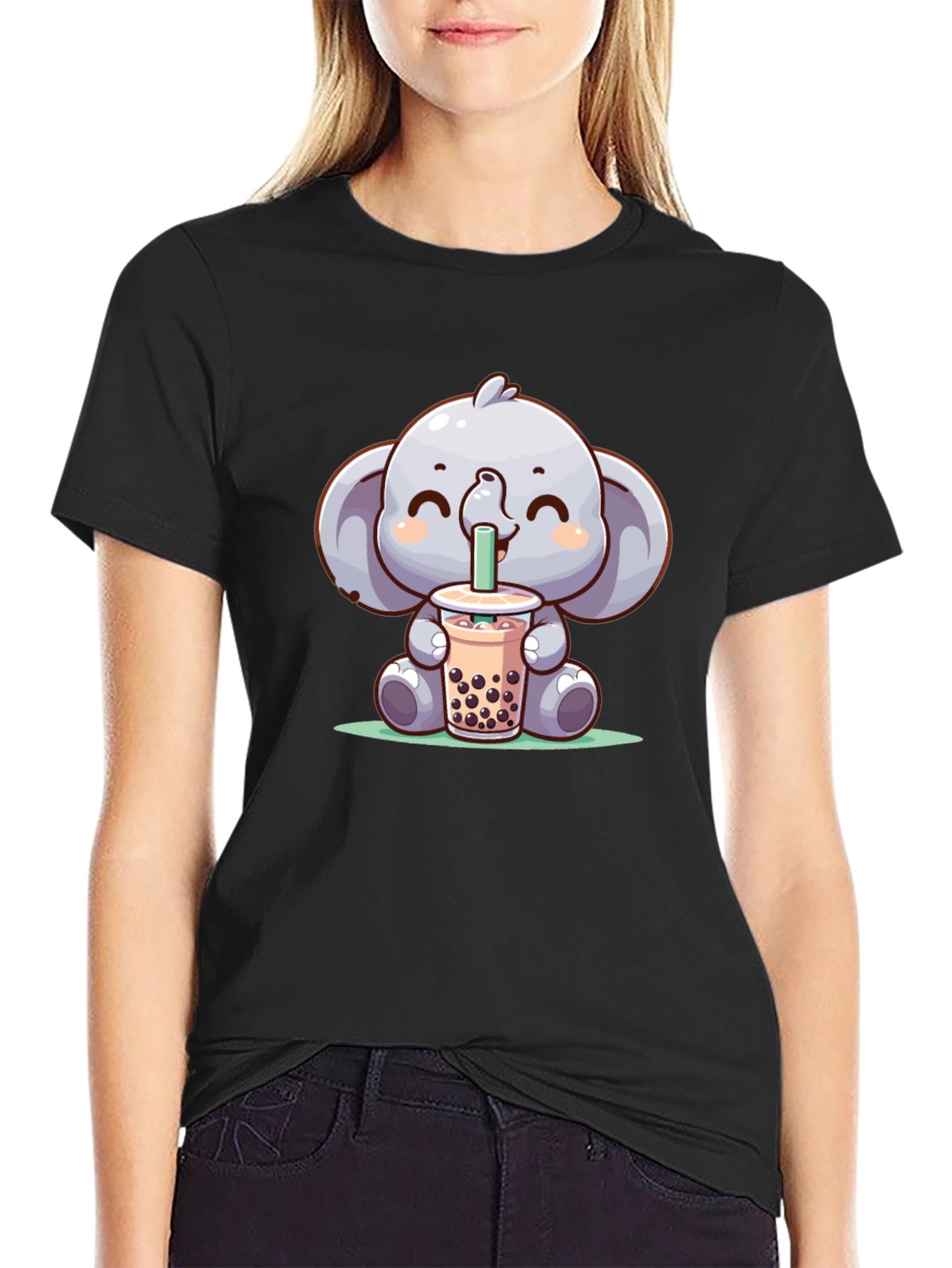 Elephant Boba Tea Graphic Tee - Cute Cartoon T-Shirt