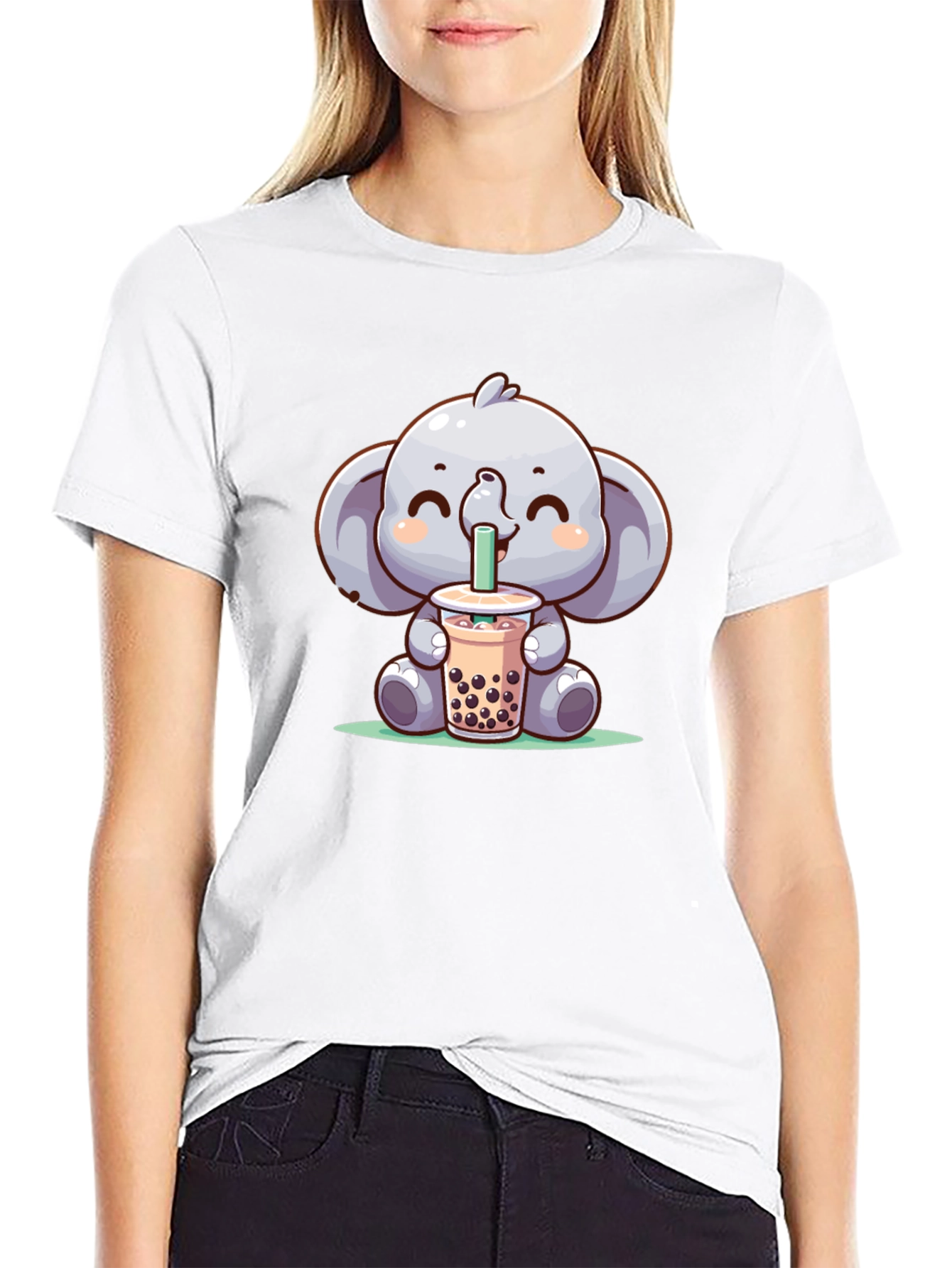Elephant Boba Tea Graphic Tee - Cute Cartoon T-Shirt