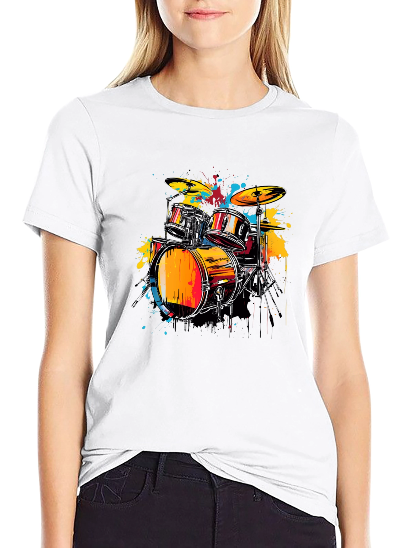 Vibrant Drums Graphic Tee - Black Cotton T-Shirt
