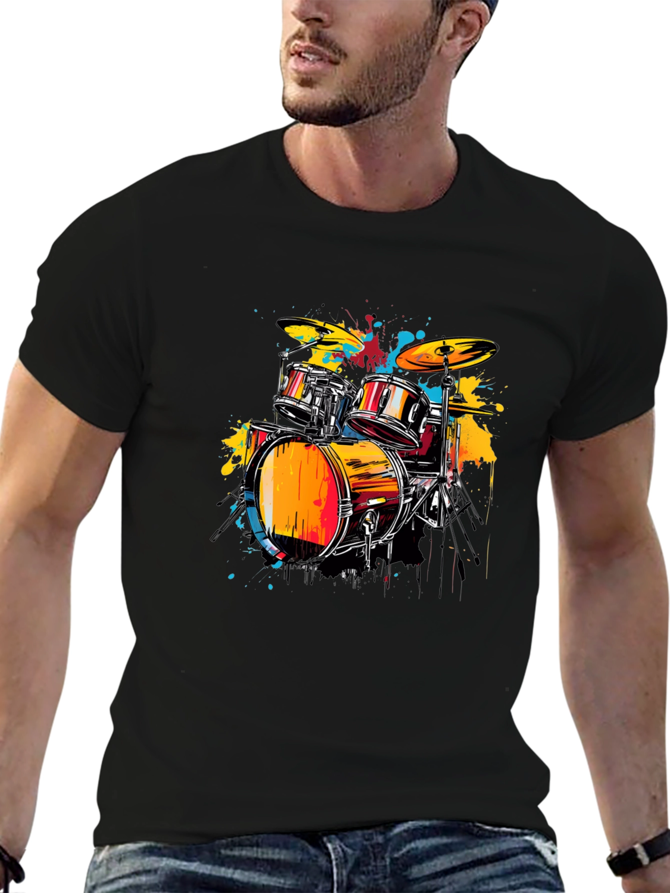 Vibrant Drums Graphic Tee - Black Cotton T-Shirt