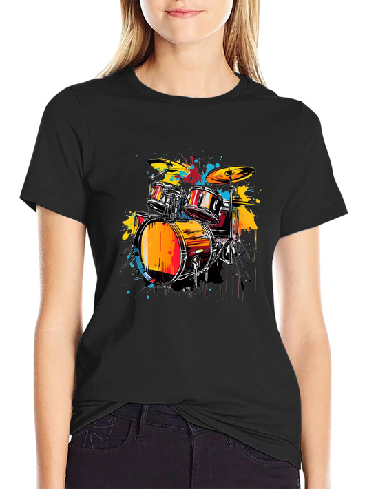 Vibrant Drums Graphic Tee - Black Cotton T-Shirt