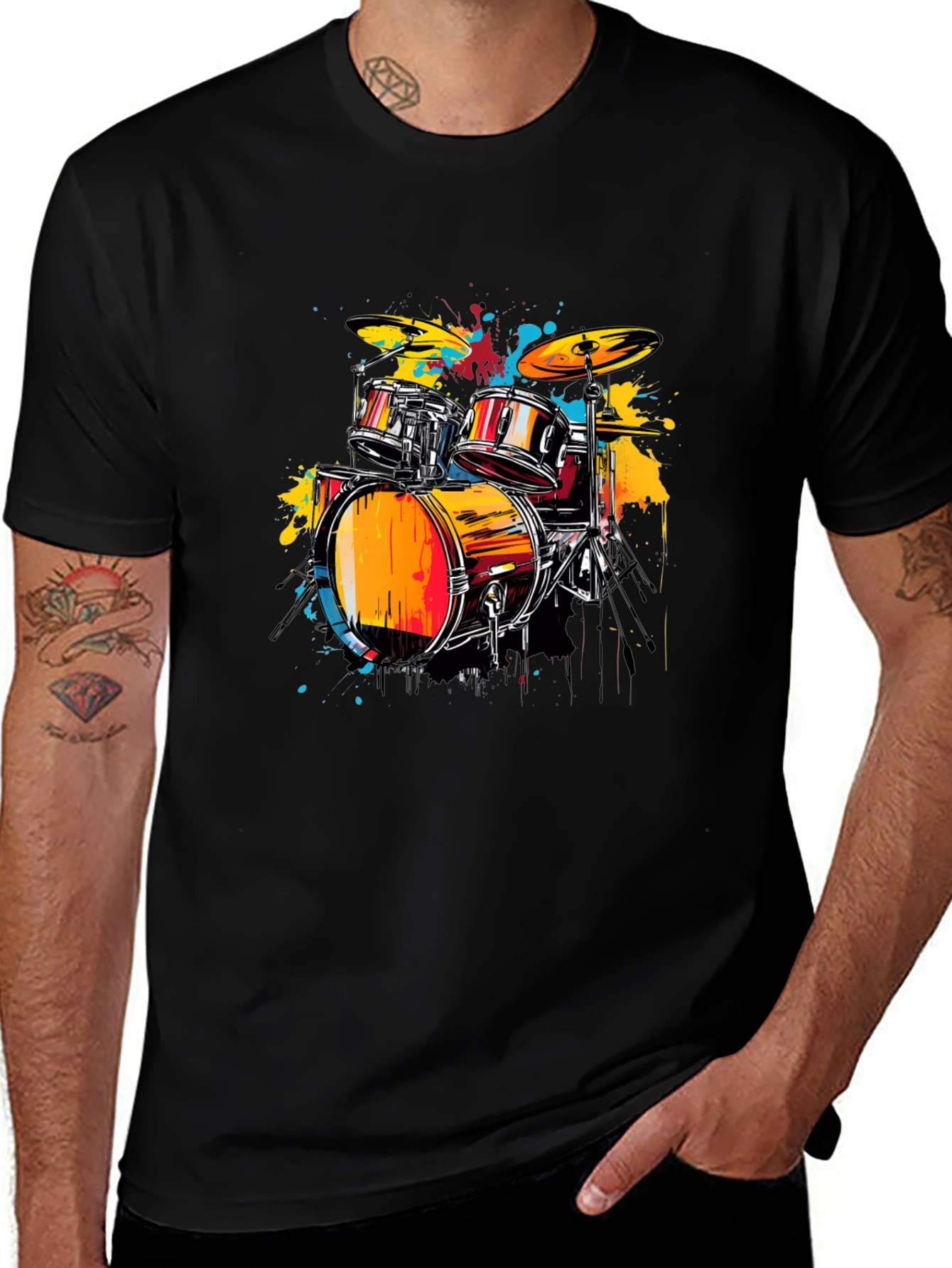 Vibrant Drums Graphic Tee - Black Cotton T-Shirt