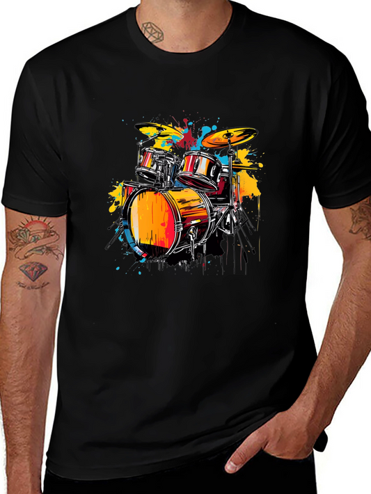 Vibrant Drums Graphic Tee - Black Cotton T-Shirt