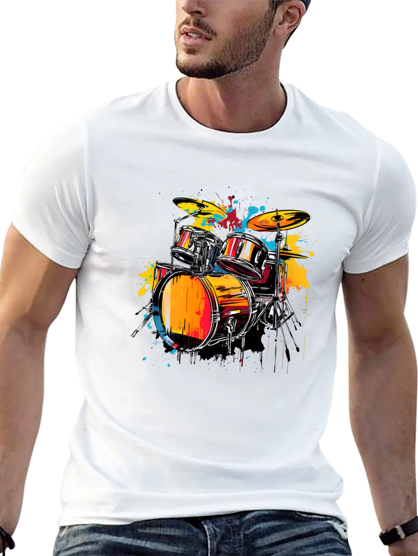 Vibrant Drums Graphic Tee - Black Cotton T-Shirt