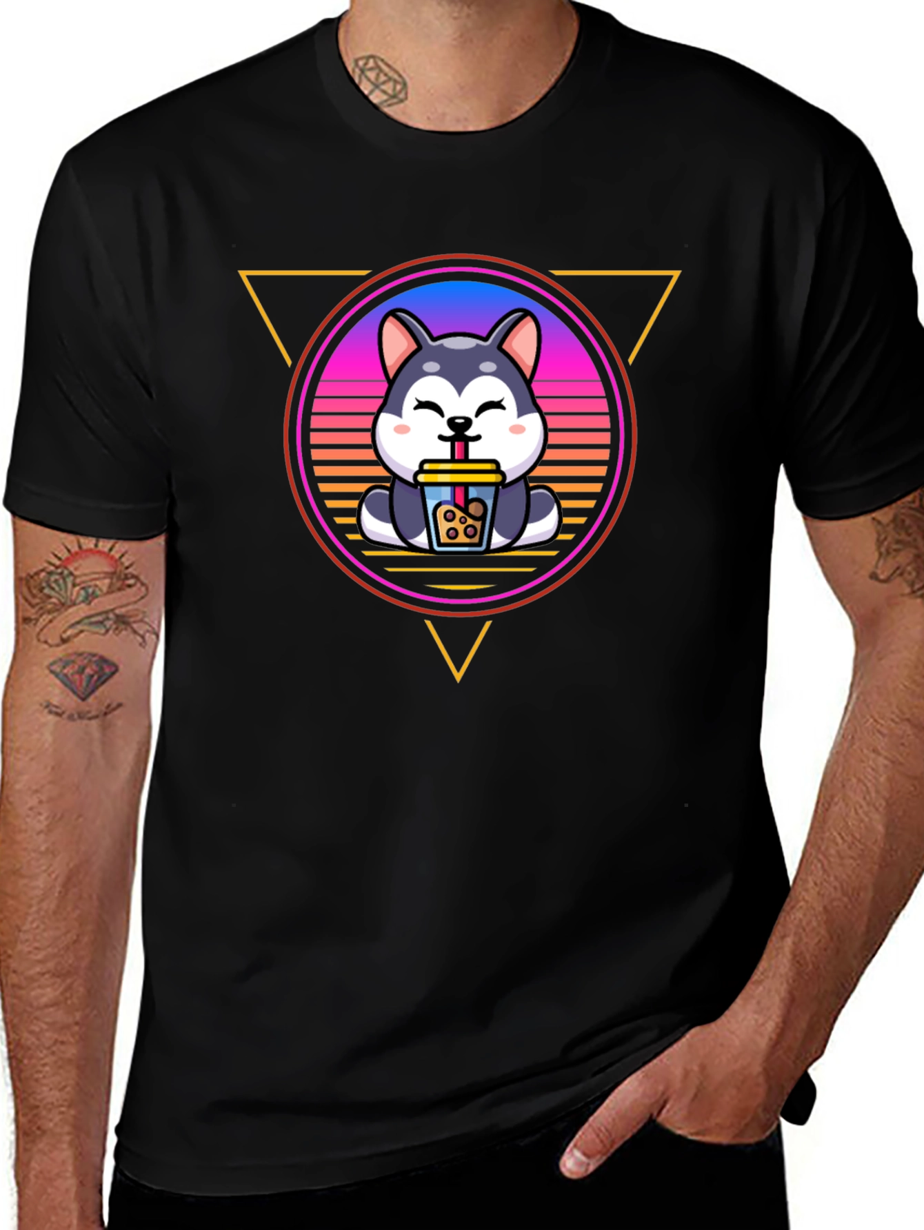 Cute Husky Boba Tea Graphic Black T-Shirt
