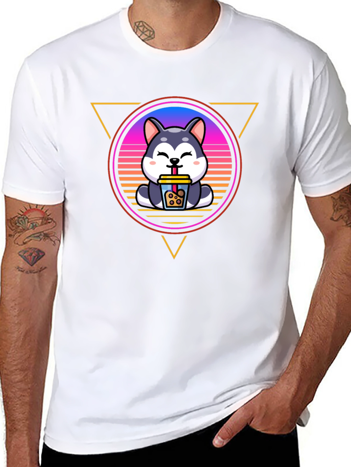 Cute Husky Boba Tea Graphic Black T-Shirt
