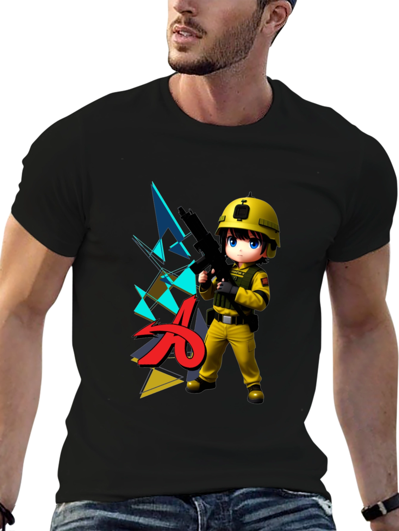 Anime Soldier Graphic Black T-Shirt