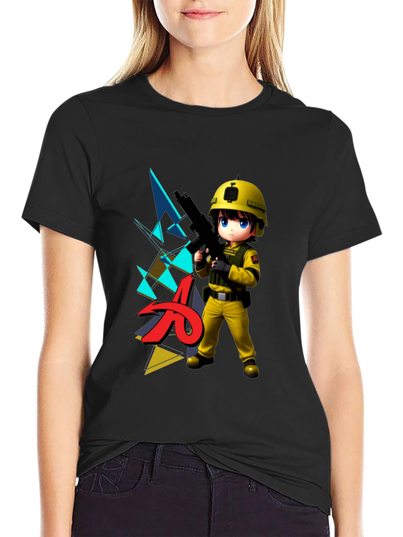 Anime Soldier Graphic Black T-Shirt