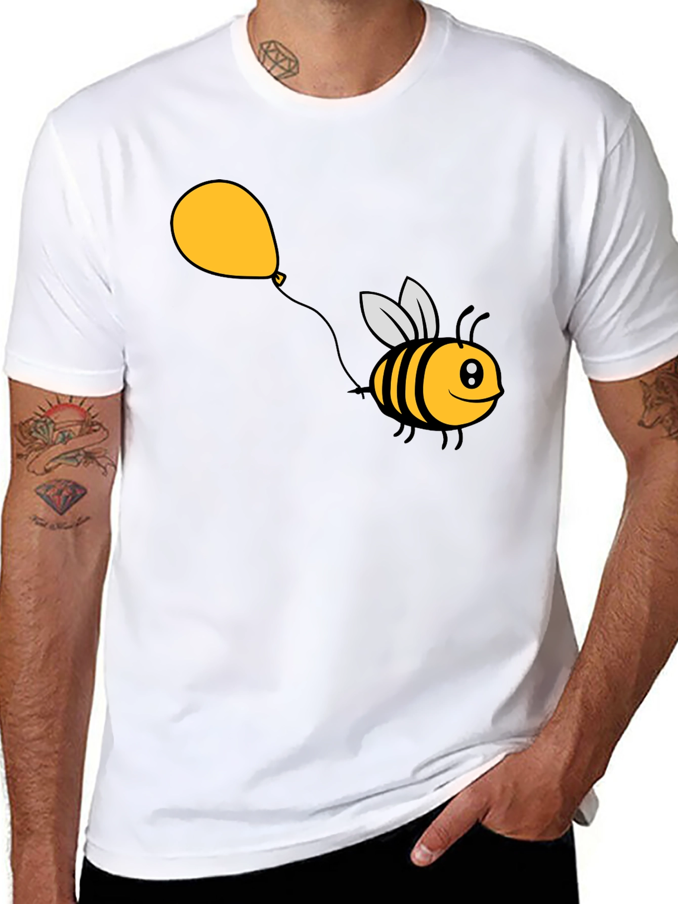 Cartoon Bee Balloon Black T-Shirt