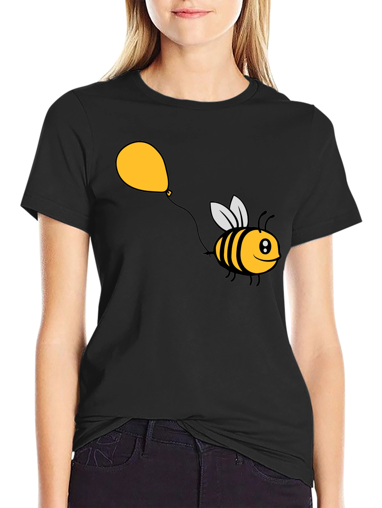 Cartoon Bee Balloon Black T-Shirt