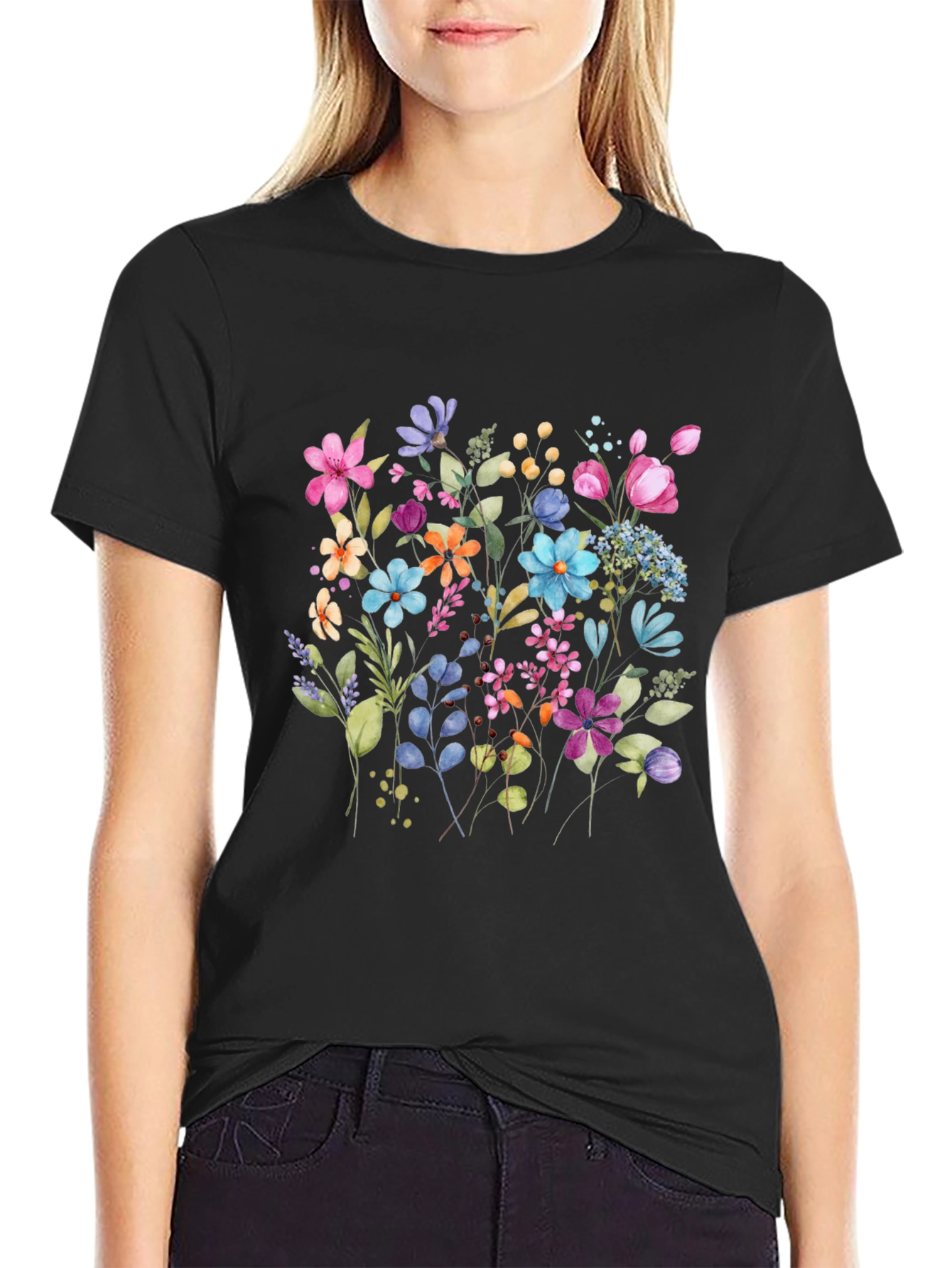 Floral Print Mens Black Tee