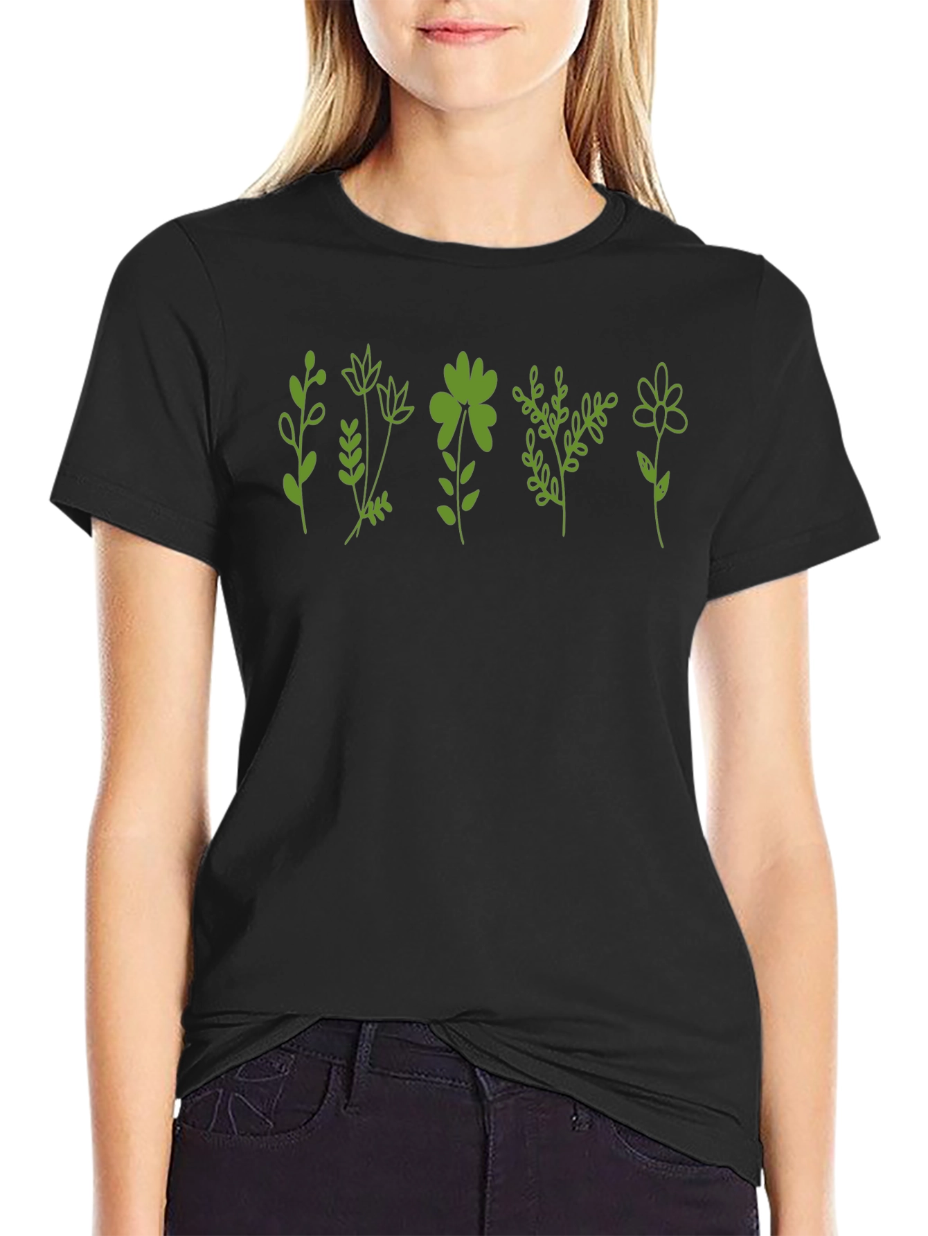 Green Floral Print Black T-Shirt