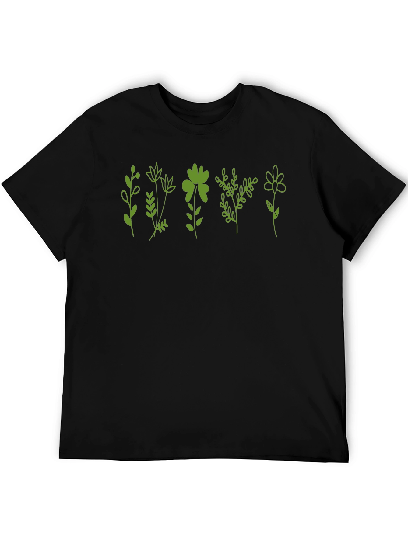 Green Floral Print Black T-Shirt