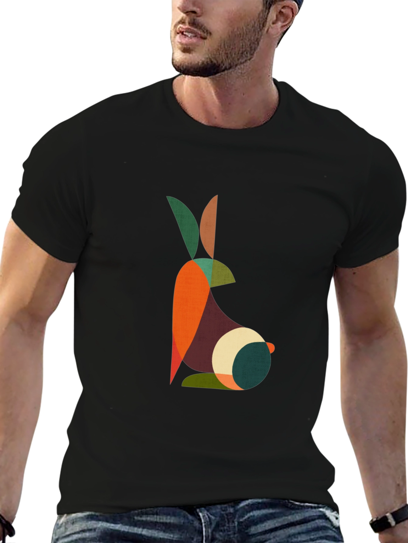 Geometric Rabbit Graphic Black T-Shirt
