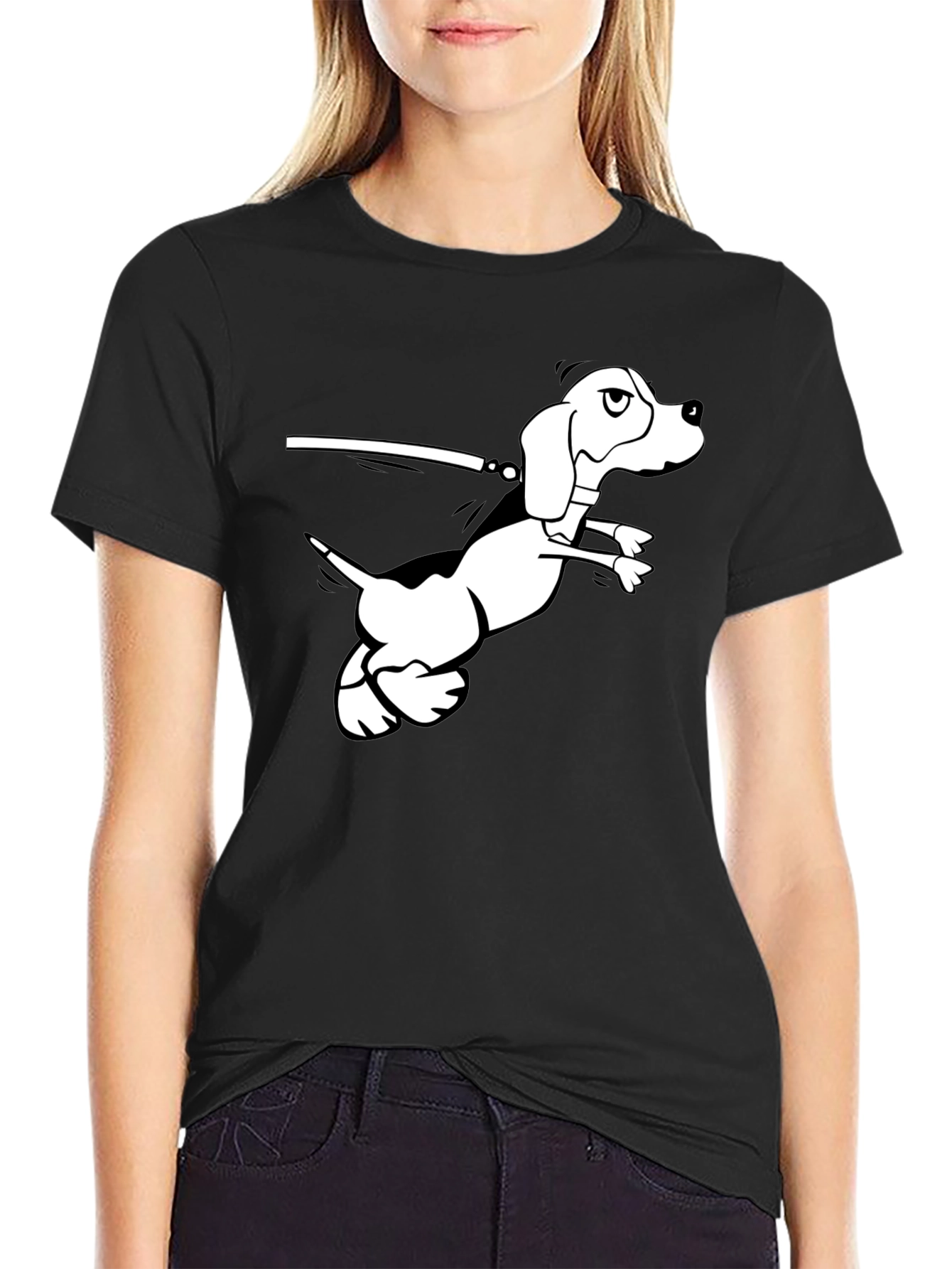 Black T-Shirt with Cartoon Dog Graphic