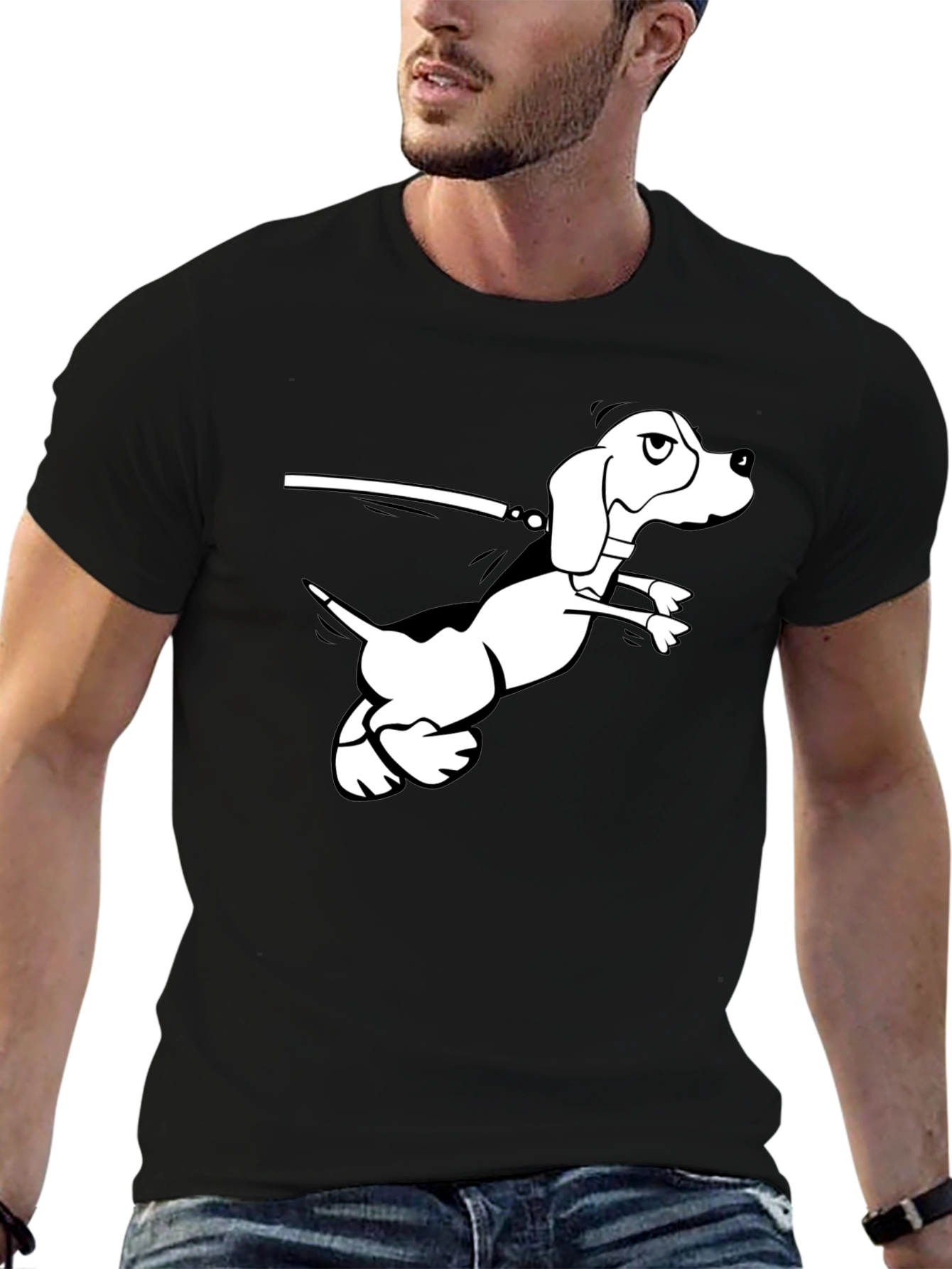 Black T-Shirt with Cartoon Dog Graphic