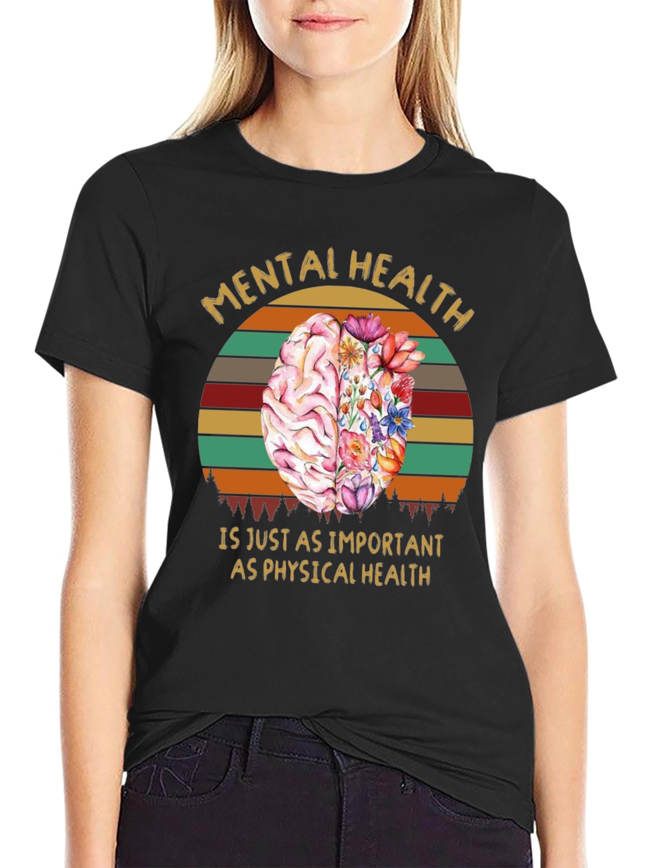 Mental Health T-Shirt: Brain & Floral Design