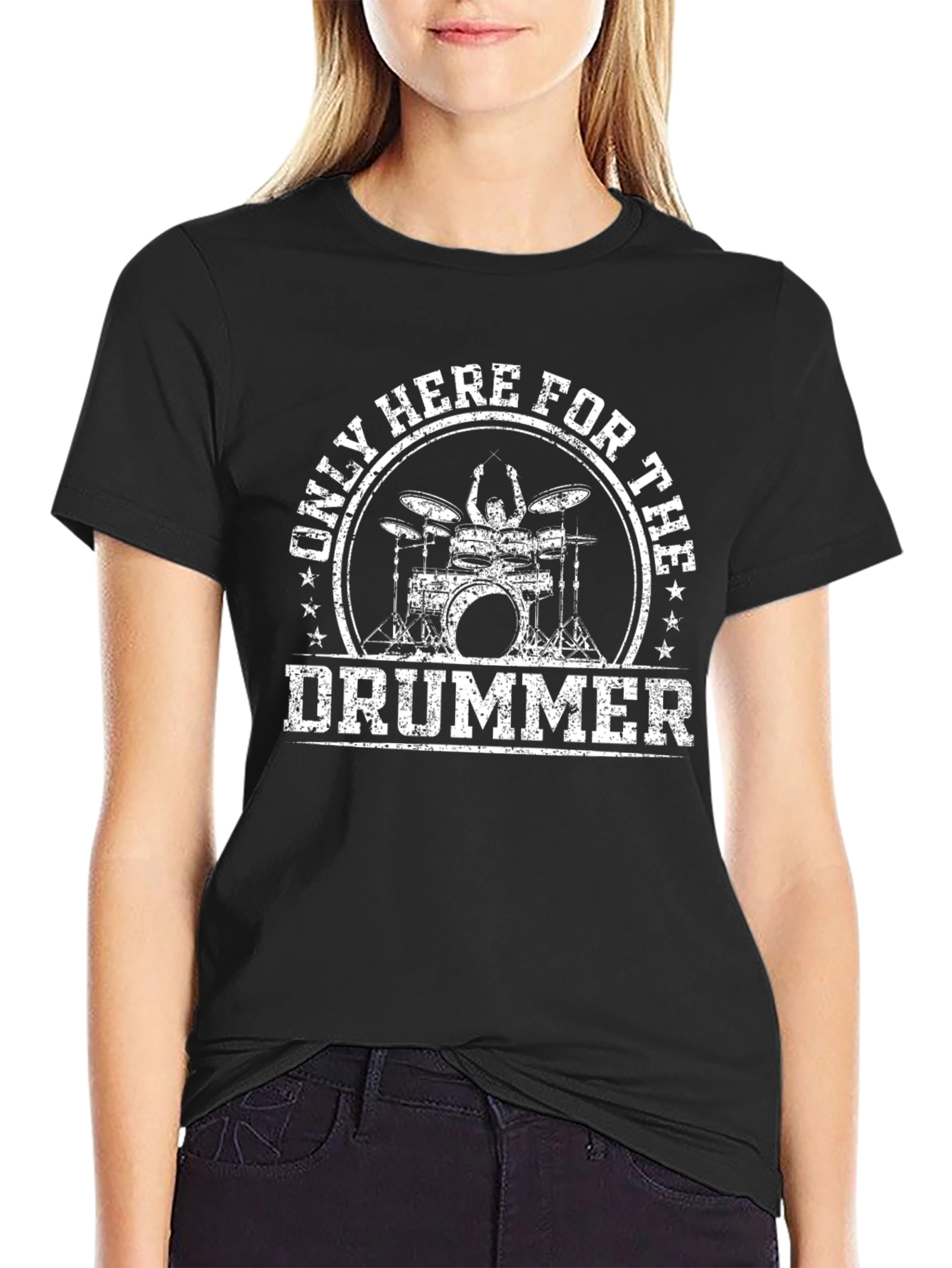 Only Here For The Drummer Black T-Shirt