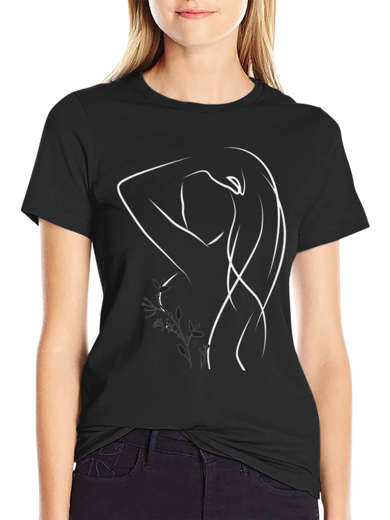Minimalist Woman Line Art Black T-Shirt