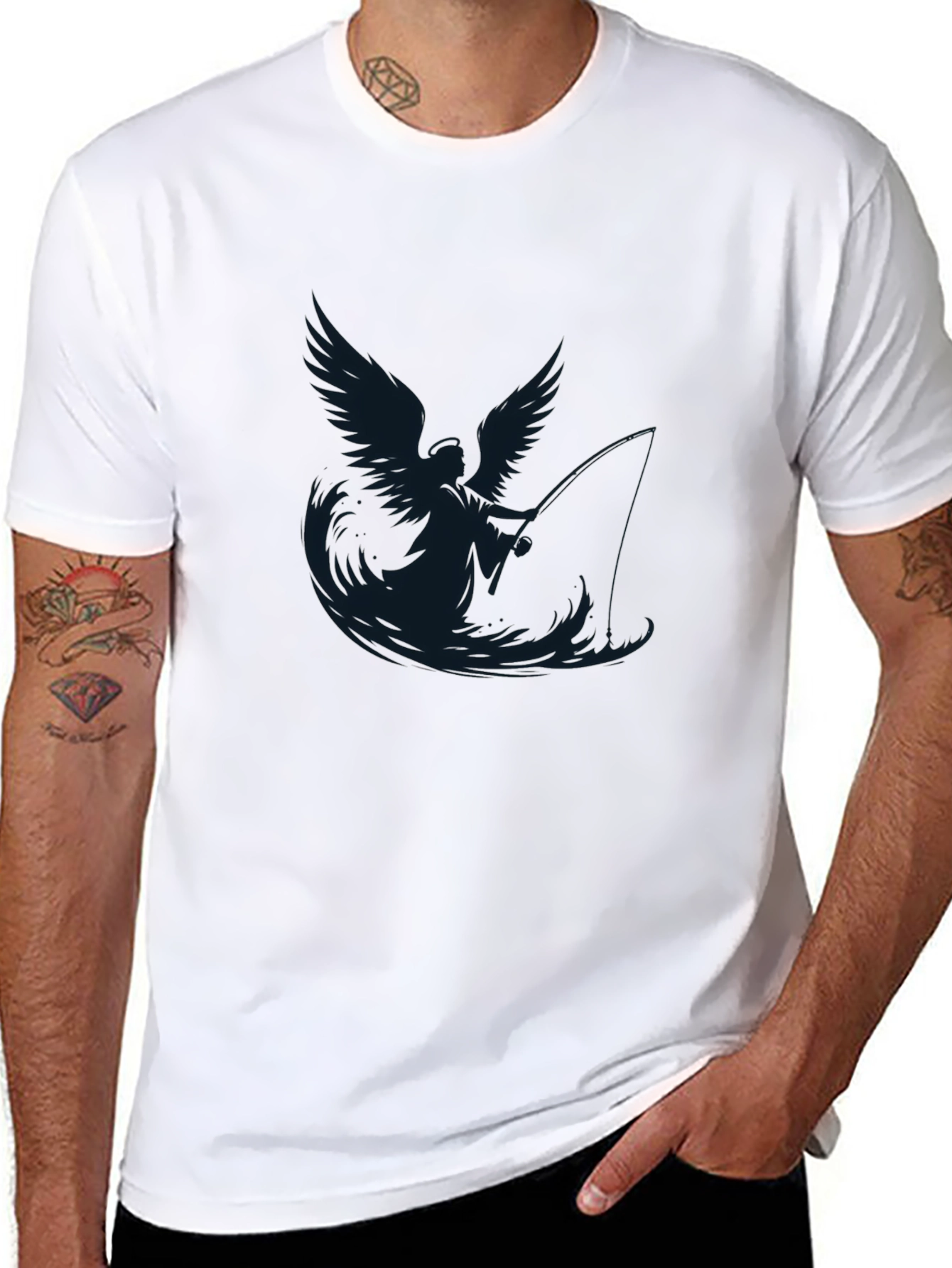 Angel Fisherman Graphic Black T-Shirt