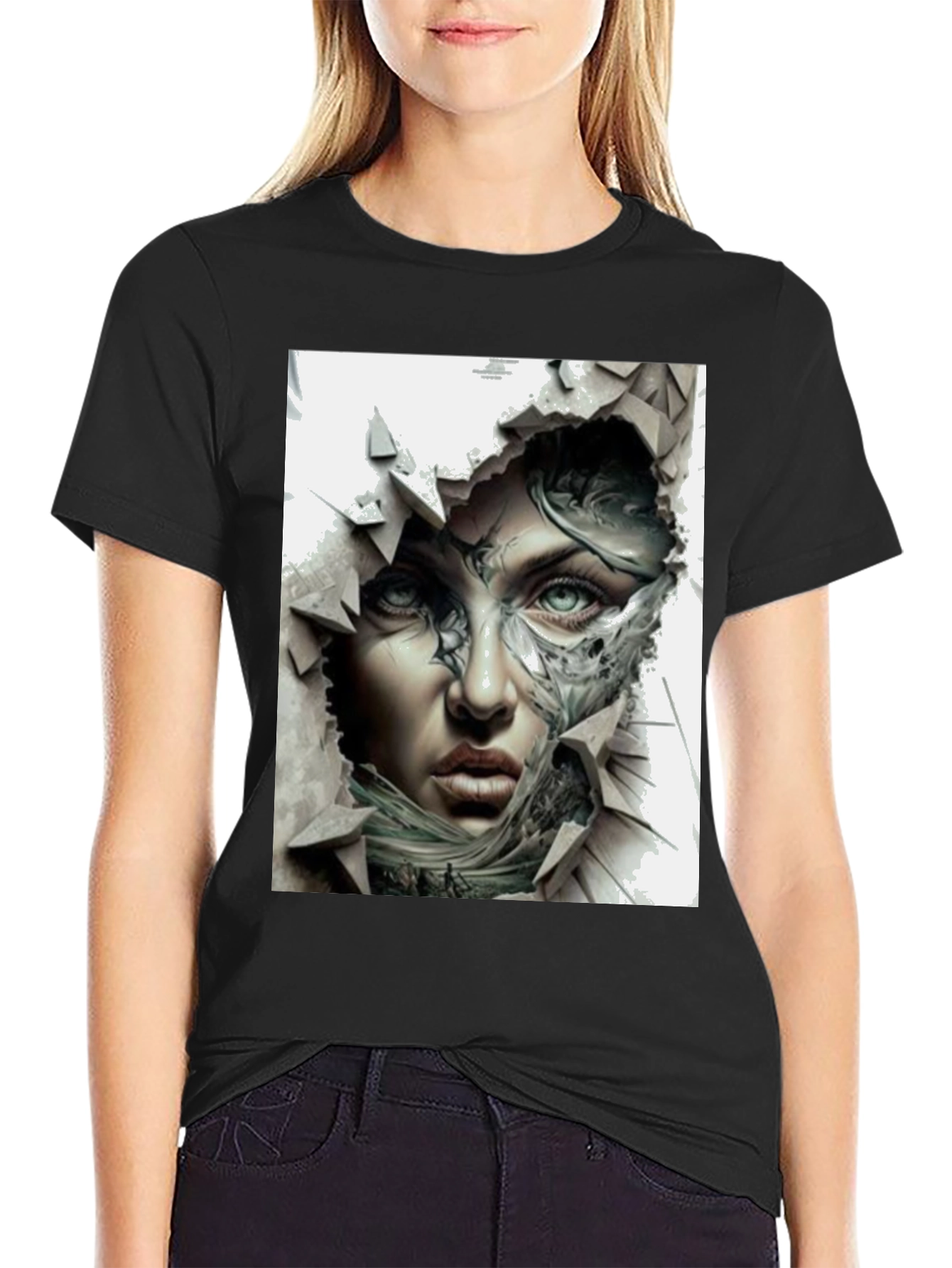 Artistic Woman Face Graphic Black T-Shirt
