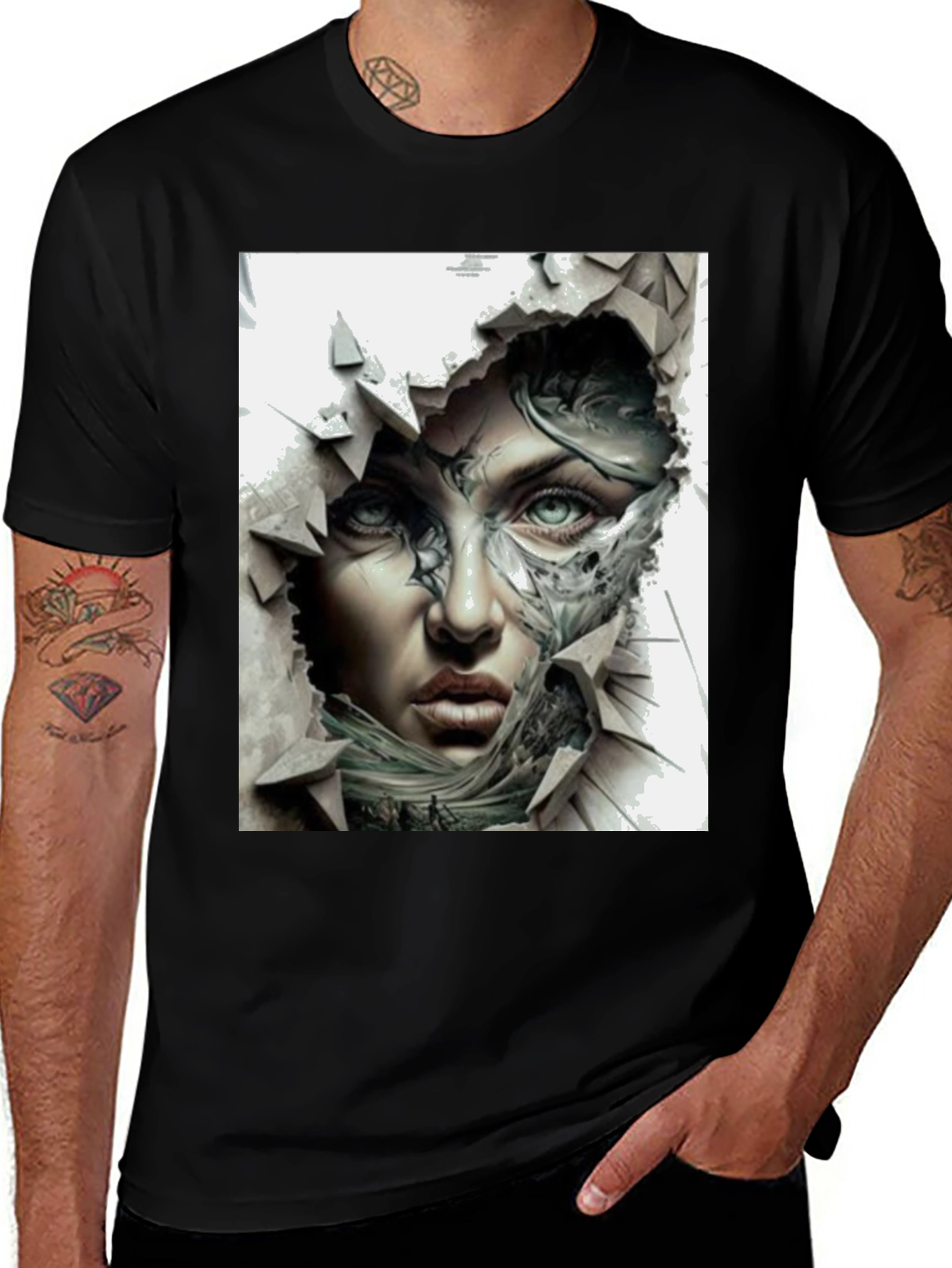 Artistic Woman Face Graphic Black T-Shirt