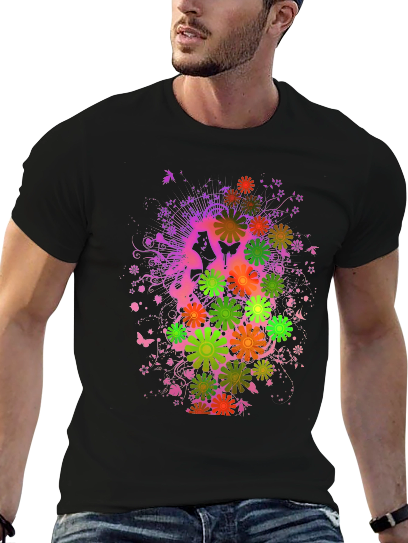 Floral Butterfly Graphic Tee - Black Cotton Blend