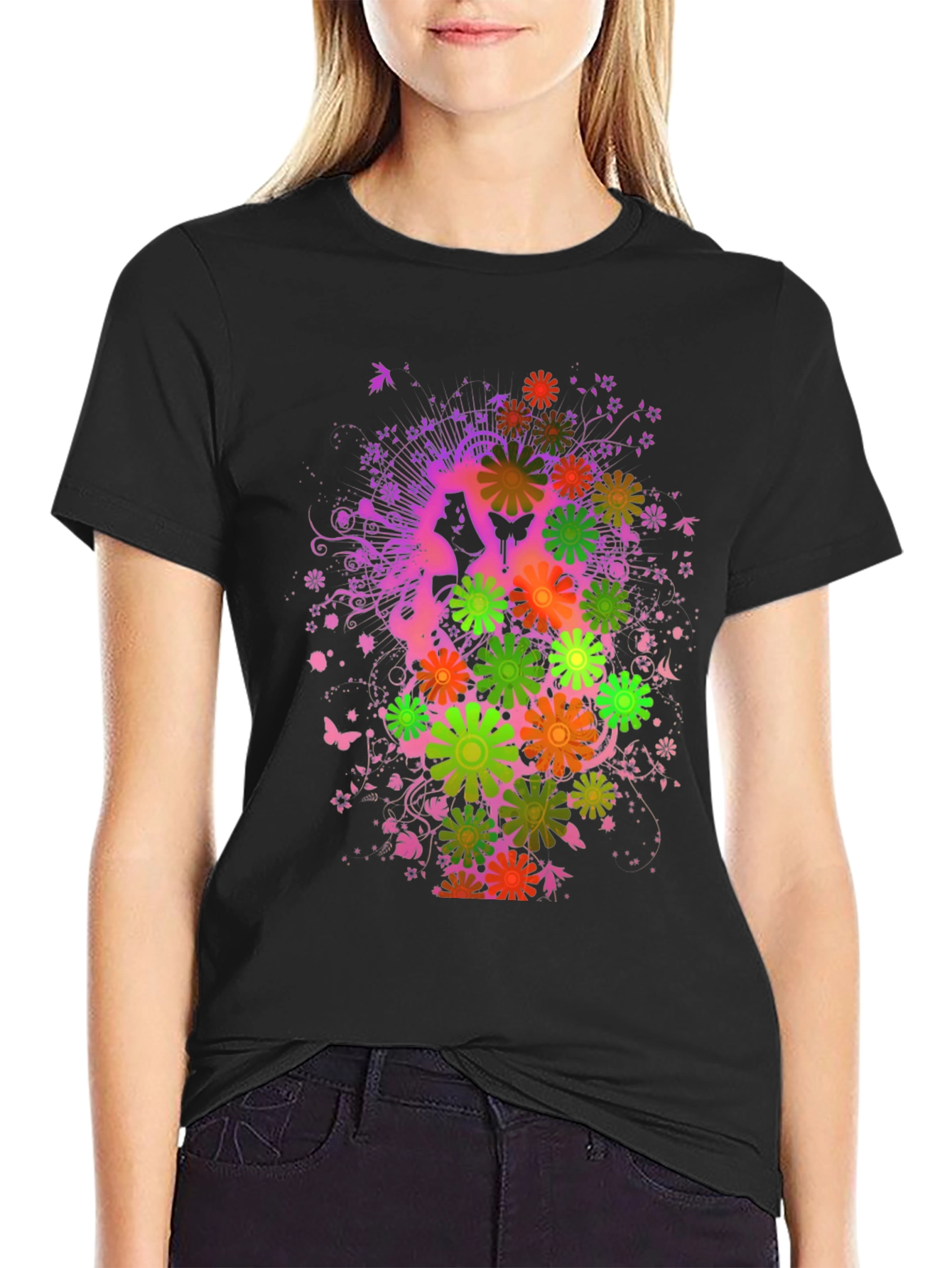 Floral Butterfly Graphic Tee - Black Cotton Blend