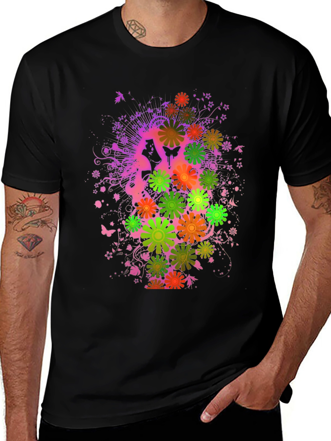 Floral Butterfly Graphic Tee - Black Cotton Blend