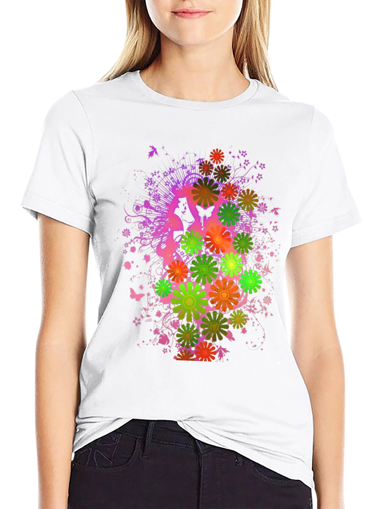 Floral Butterfly Graphic Tee - Black Cotton Blend