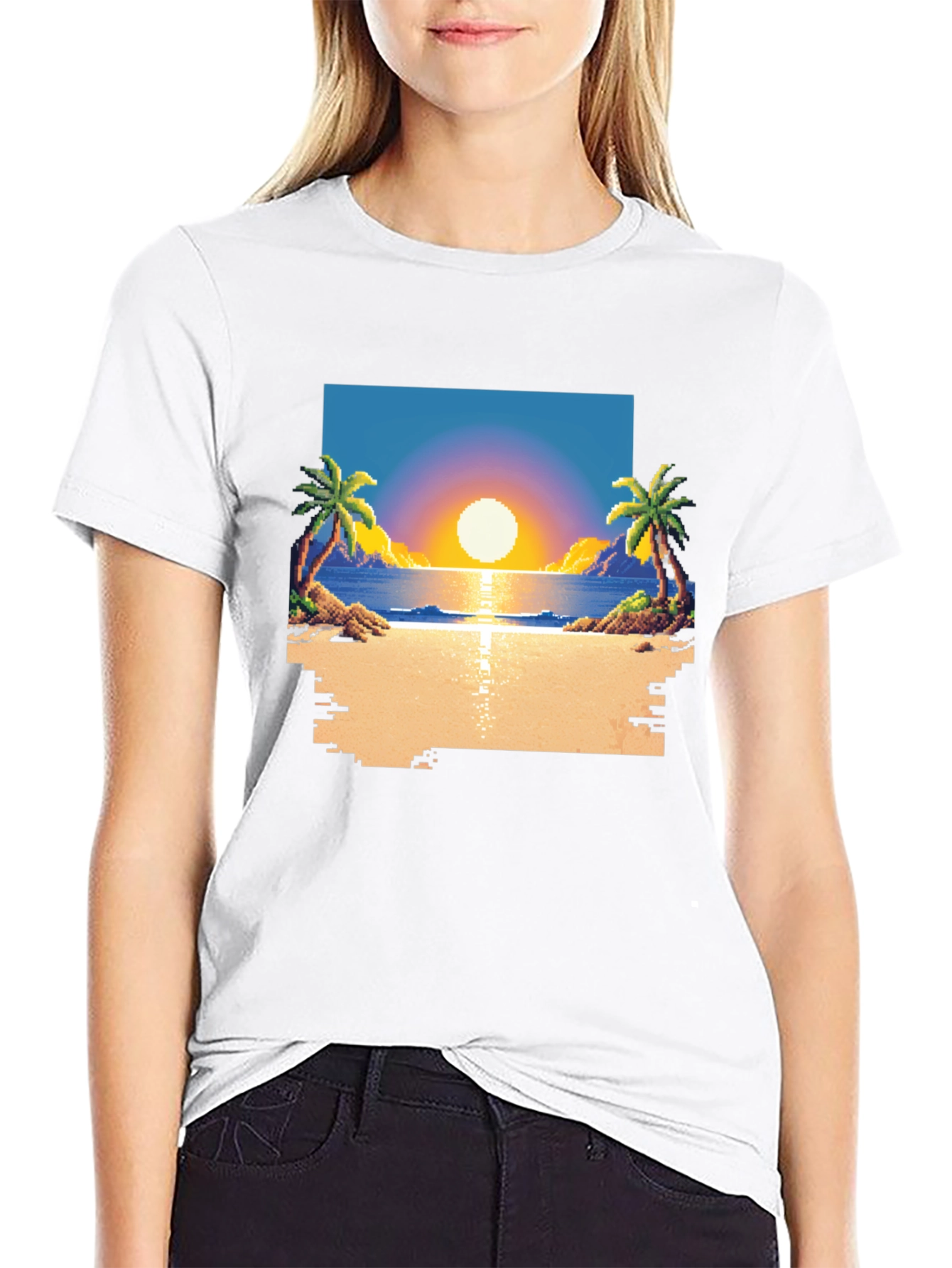 Pixel Sunset Beach T-Shirt - Retro Gaming Style