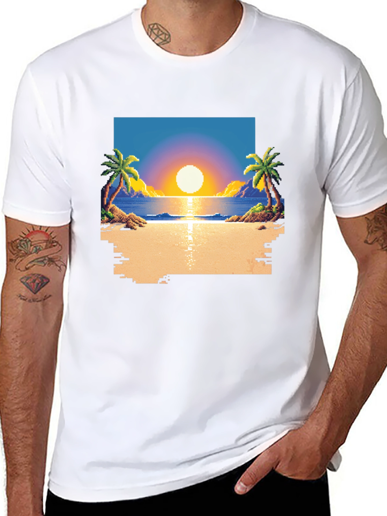 Pixel Sunset Beach T-Shirt - Retro Gaming Style