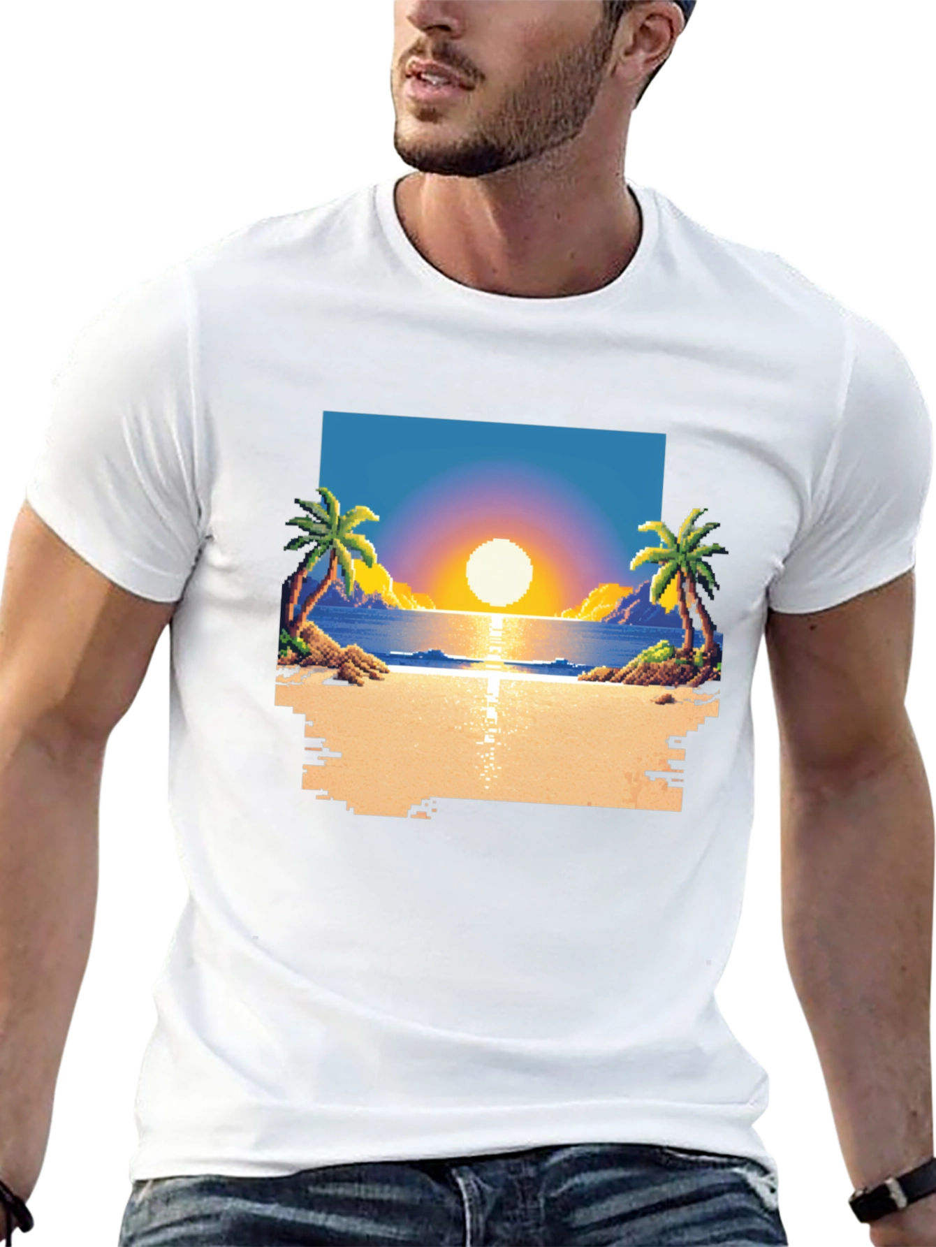 Pixel Sunset Beach T-Shirt - Retro Gaming Style