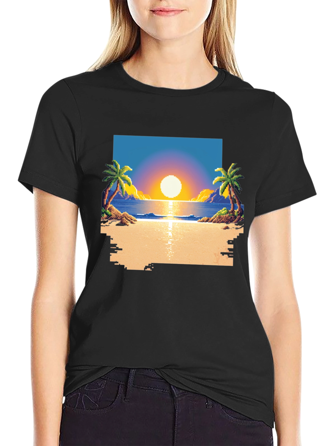 Pixel Sunset Beach T-Shirt - Retro Gaming Style
