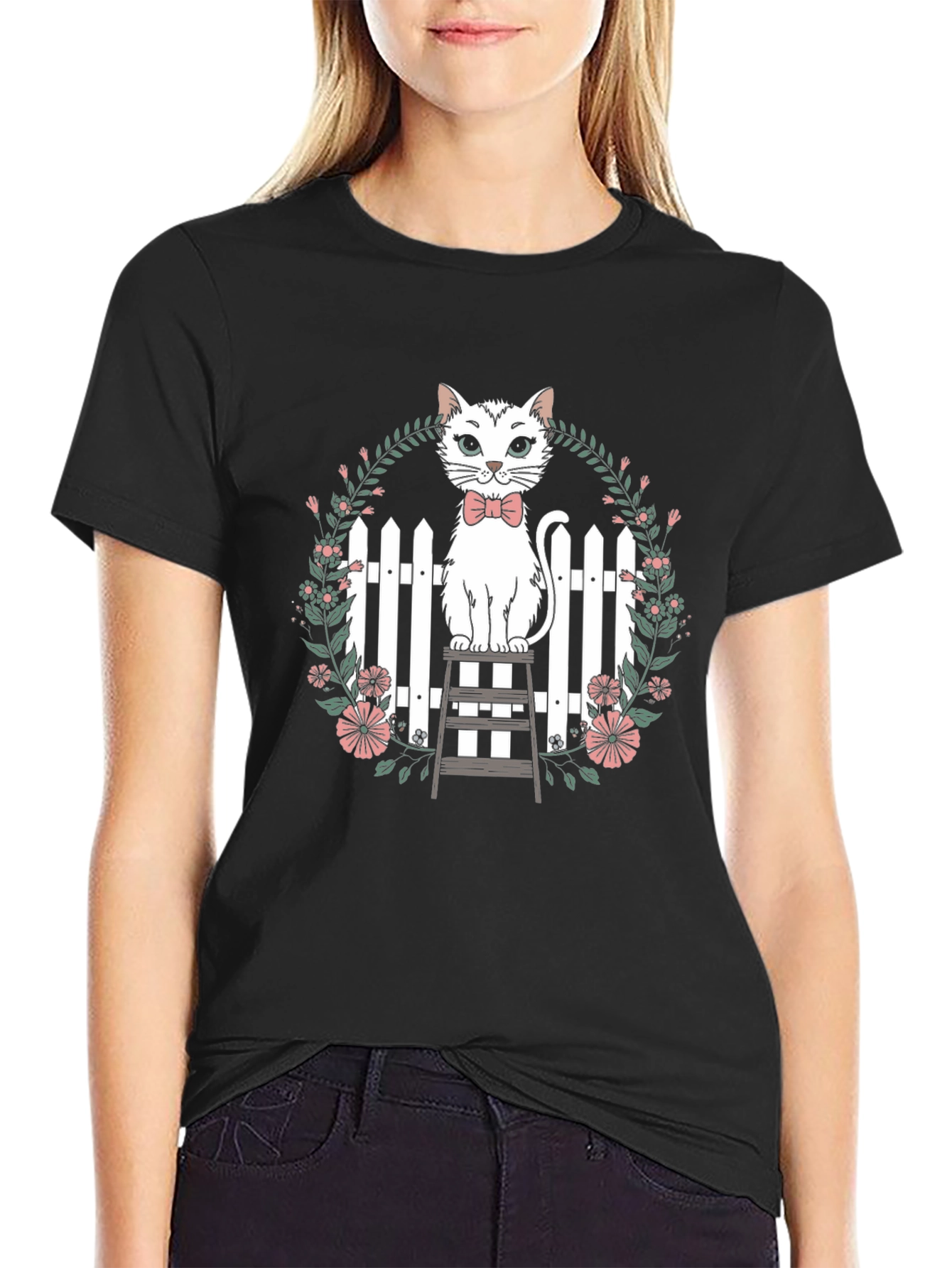 Cat Bowtie Floral Tee - Whimsical Comfort