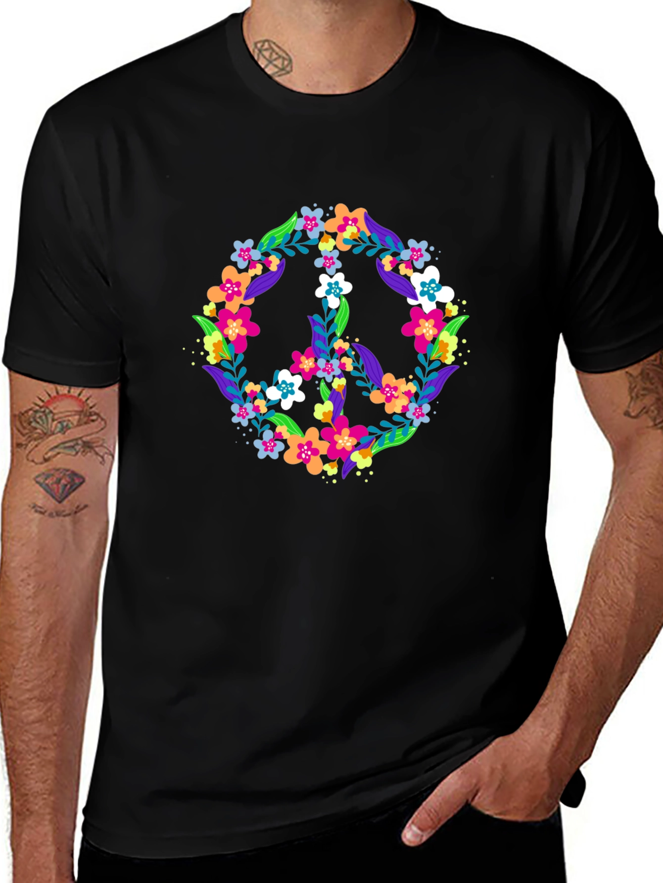 Floral Peace Sign Black T-Shirt