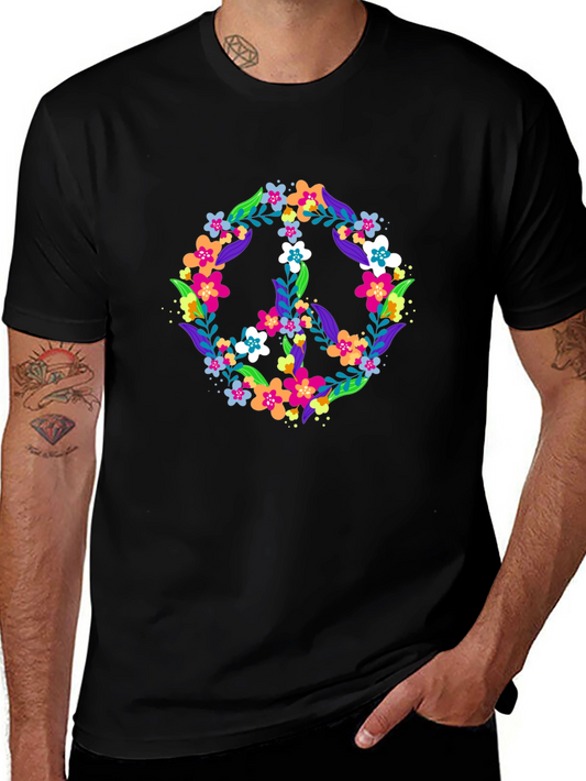 Floral Peace Sign Black T-Shirt
