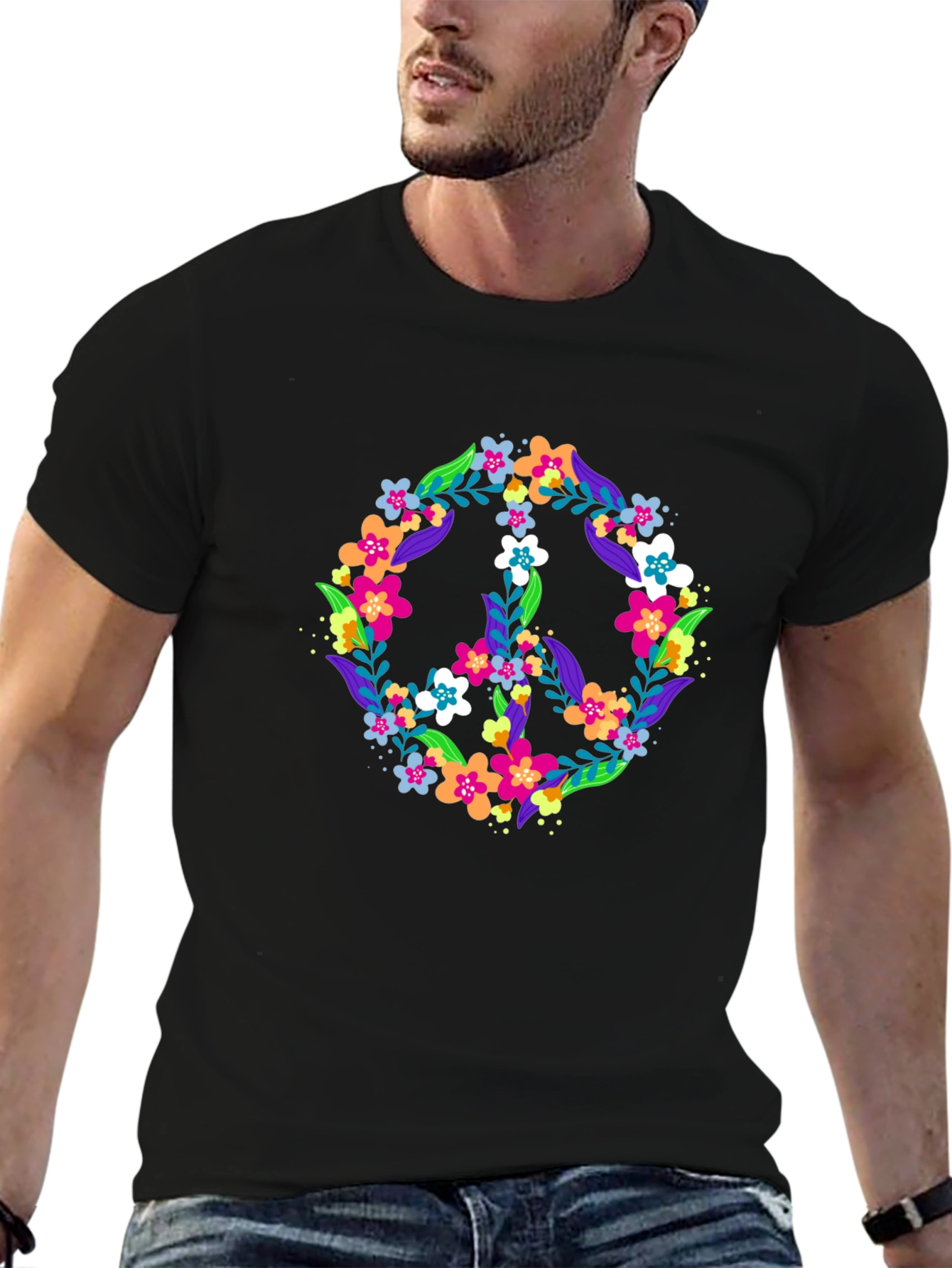 Floral Peace Sign Black T-Shirt