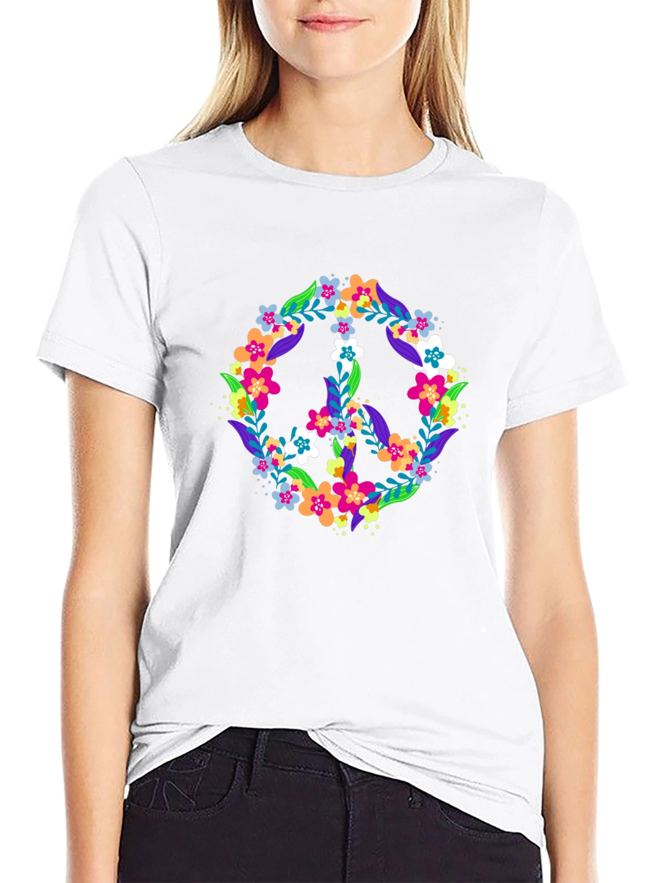 Floral Peace Sign Black T-Shirt