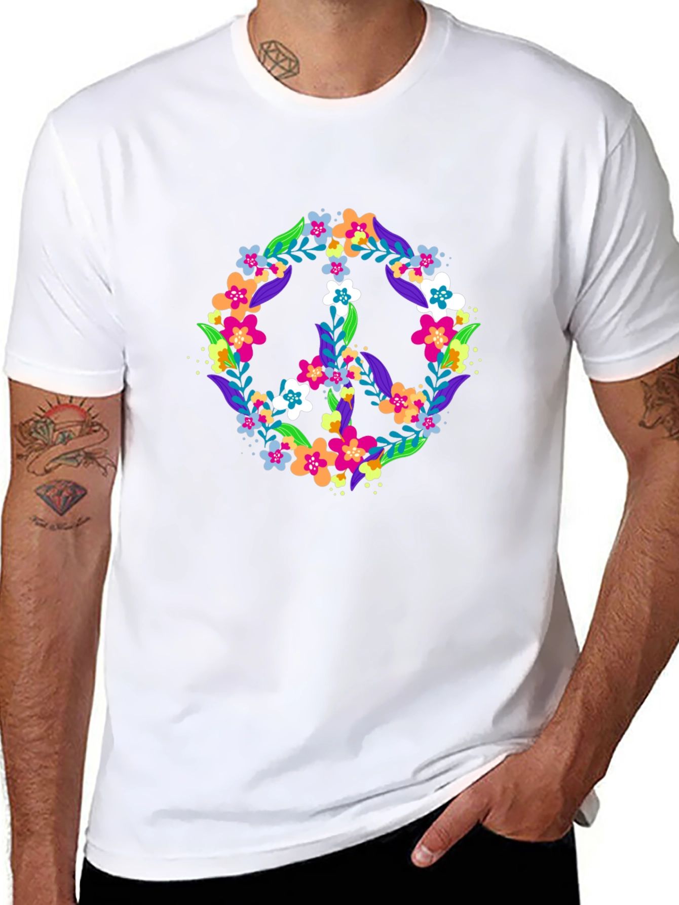 Floral Peace Sign Black T-Shirt