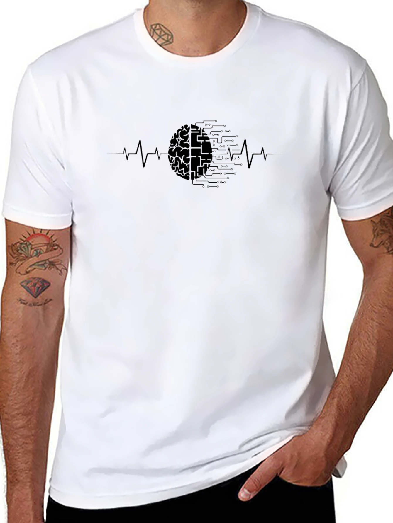 Brain Circuit Heartbeat Graphic Tee - Black