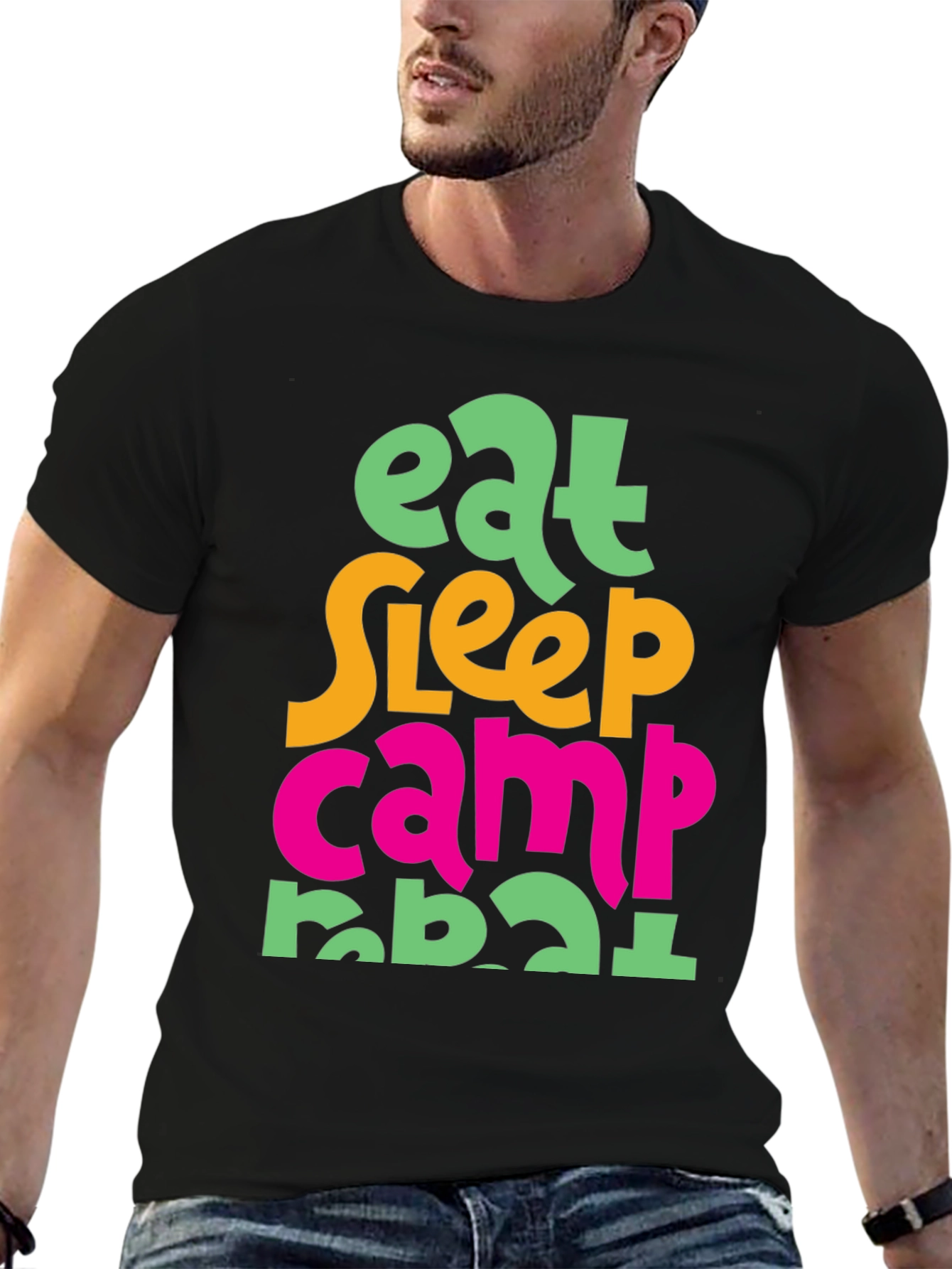 Eat Sleep Camp Repeat T-Shirt - Black Cotton Tee