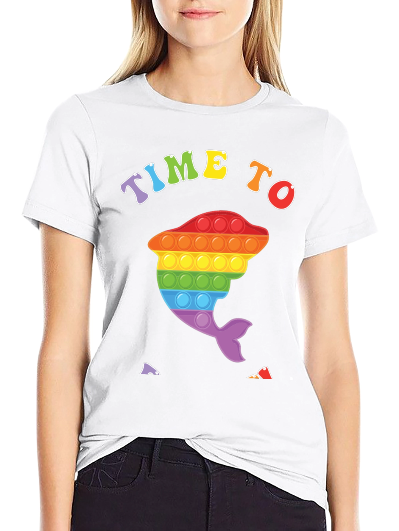 Time To Pop It: Rainbow Dolphin Graphic Tee