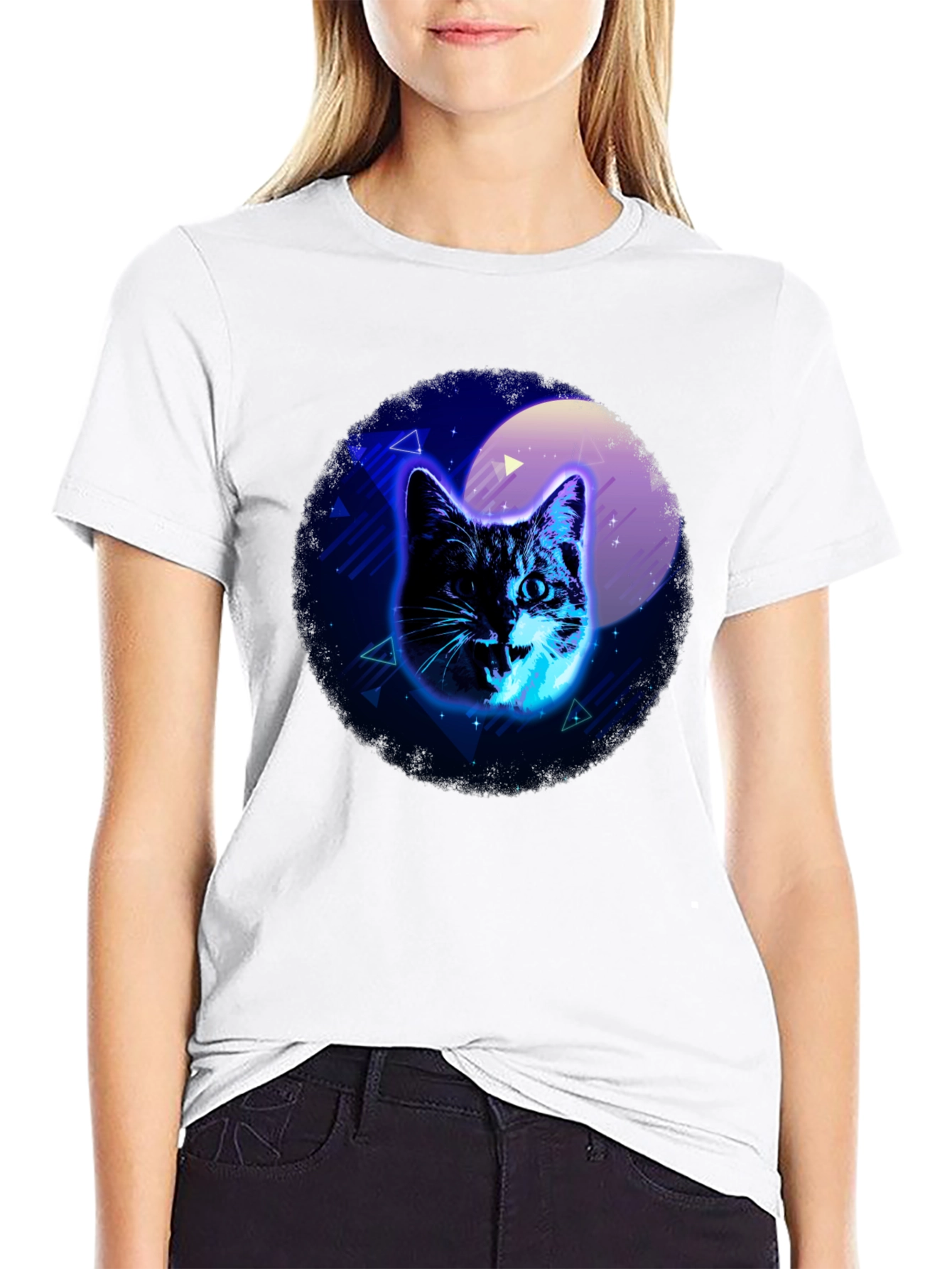 Neon Cat Graphic Black T-Shirt