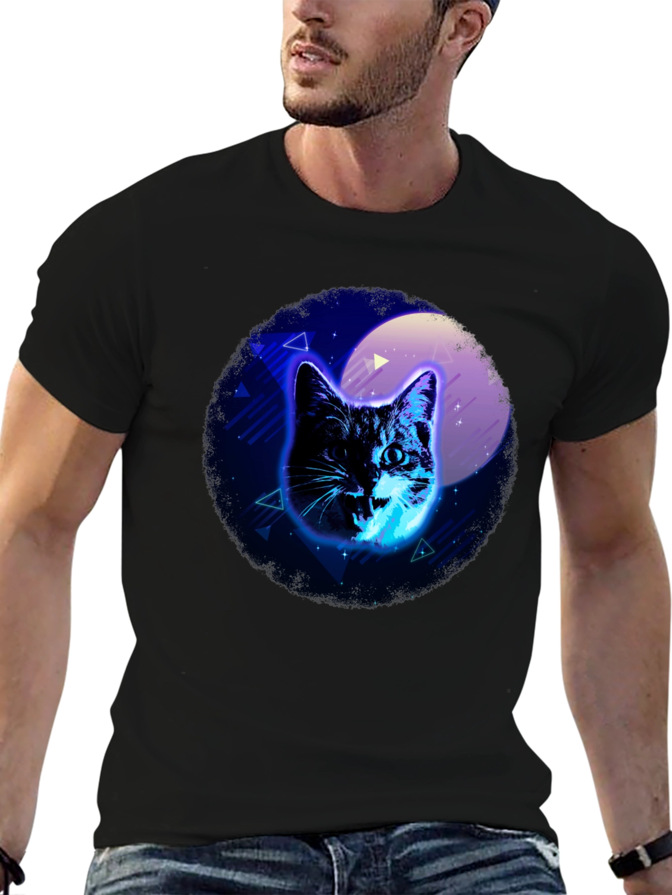 Neon Cat Graphic Black T-Shirt