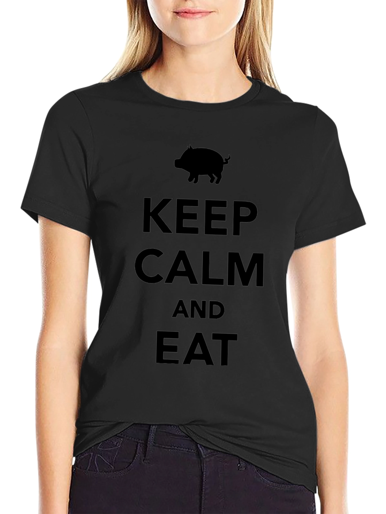 Keep Calm and Eat Pig Funny Black T-Shirt
