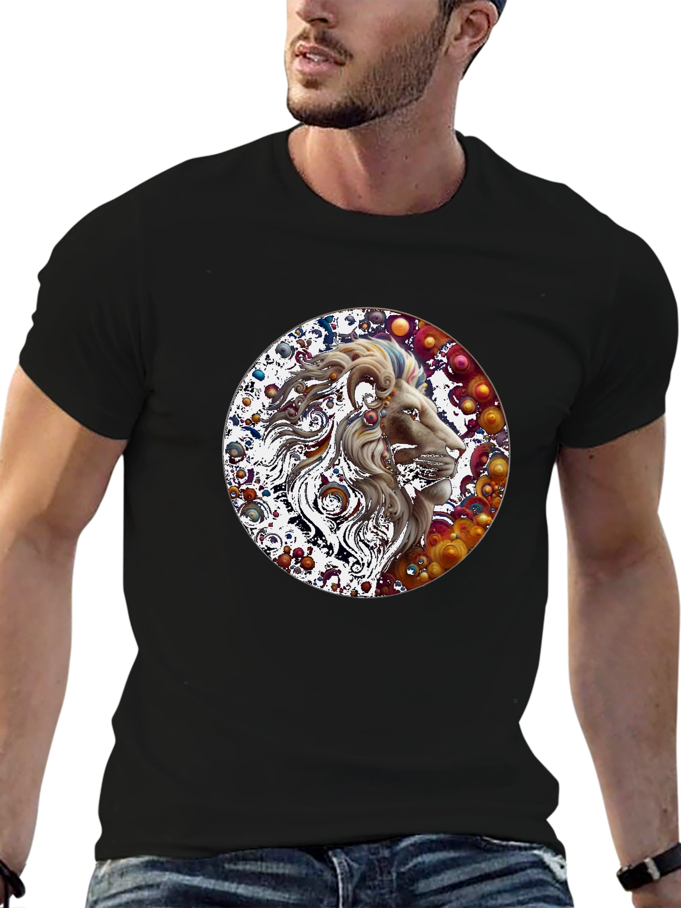 Lion Art Print Graphic Tee - Mens Black T-Shirt