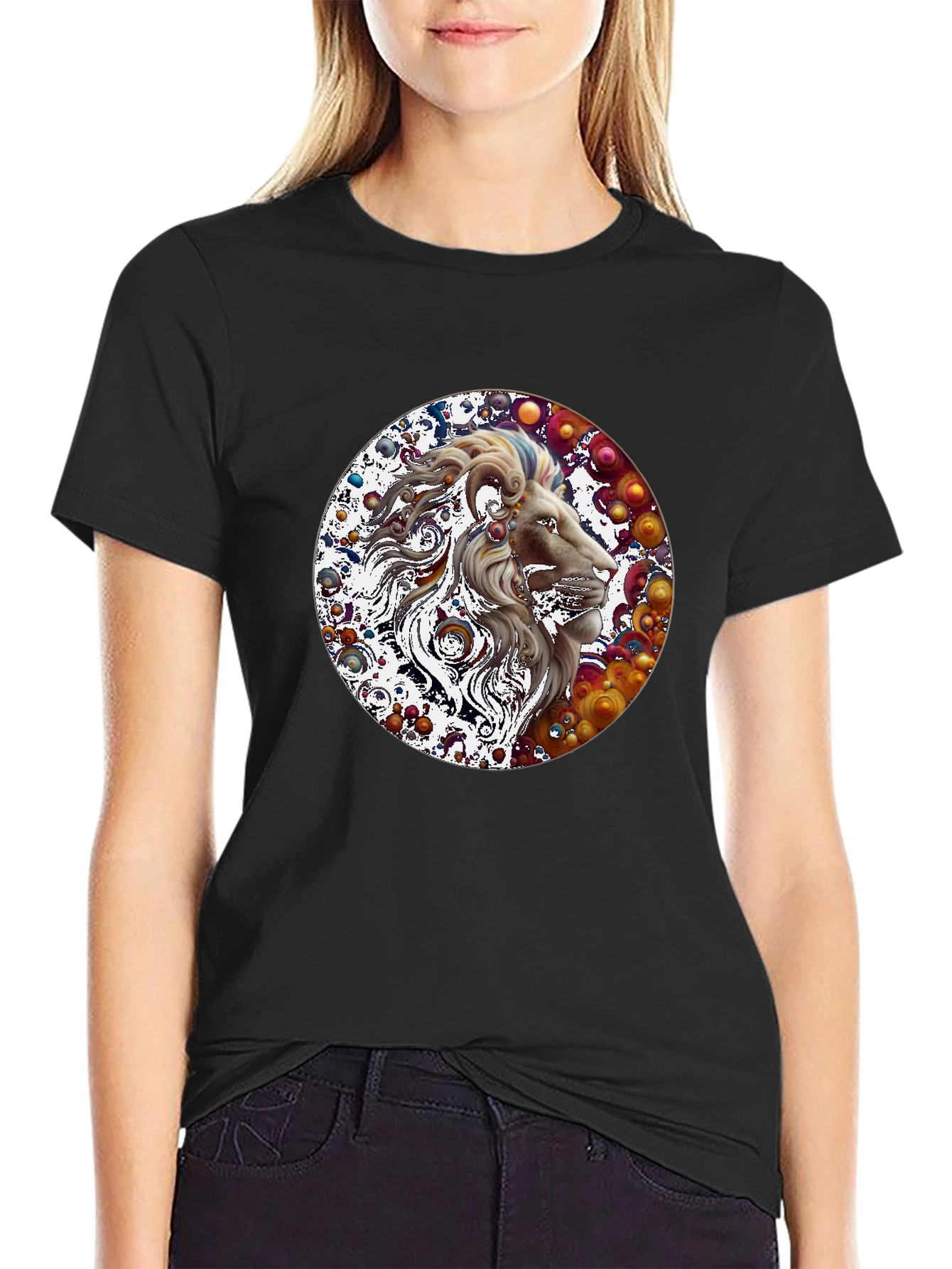 Lion Art Print Graphic Tee - Mens Black T-Shirt