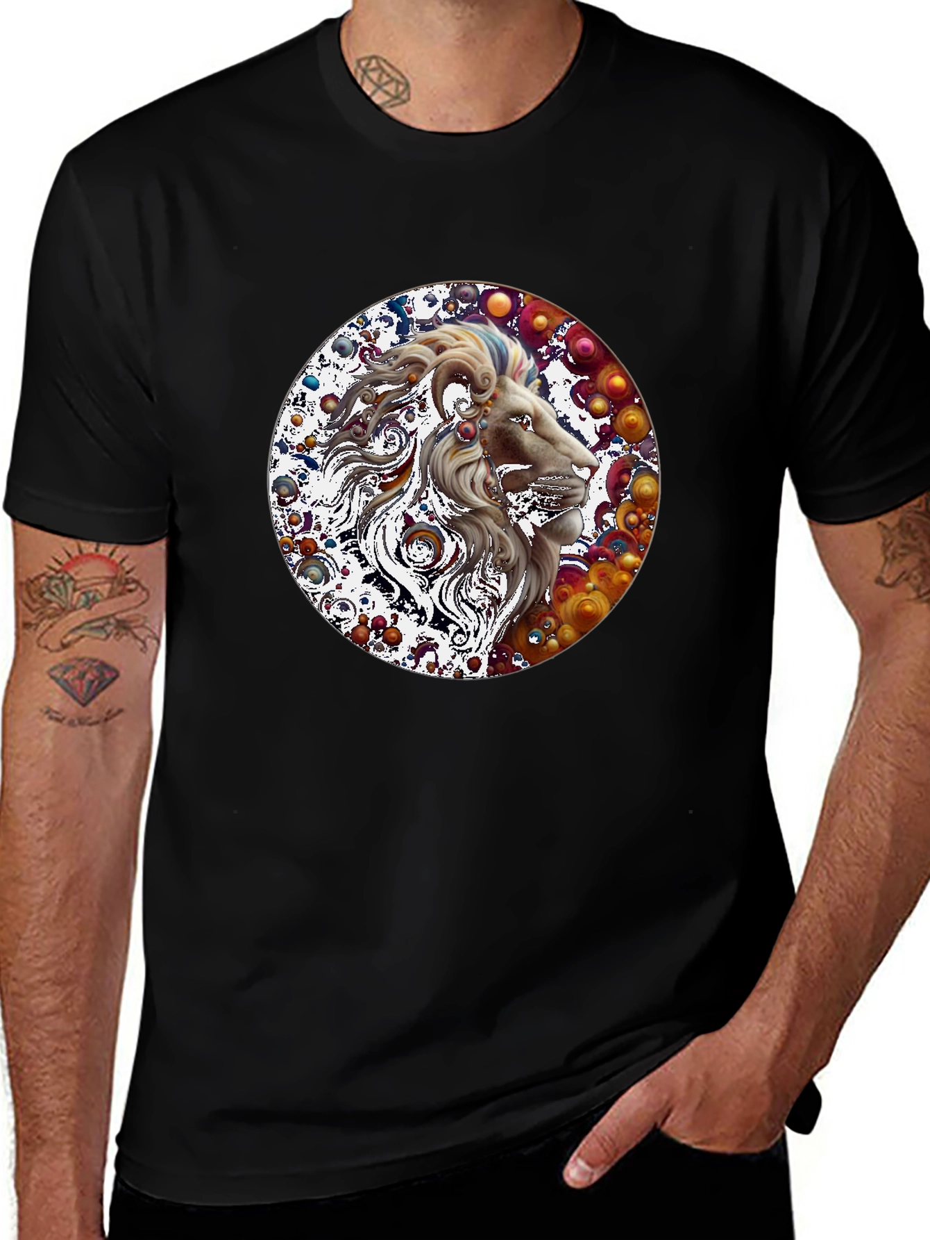 Lion Art Print Graphic Tee - Mens Black T-Shirt