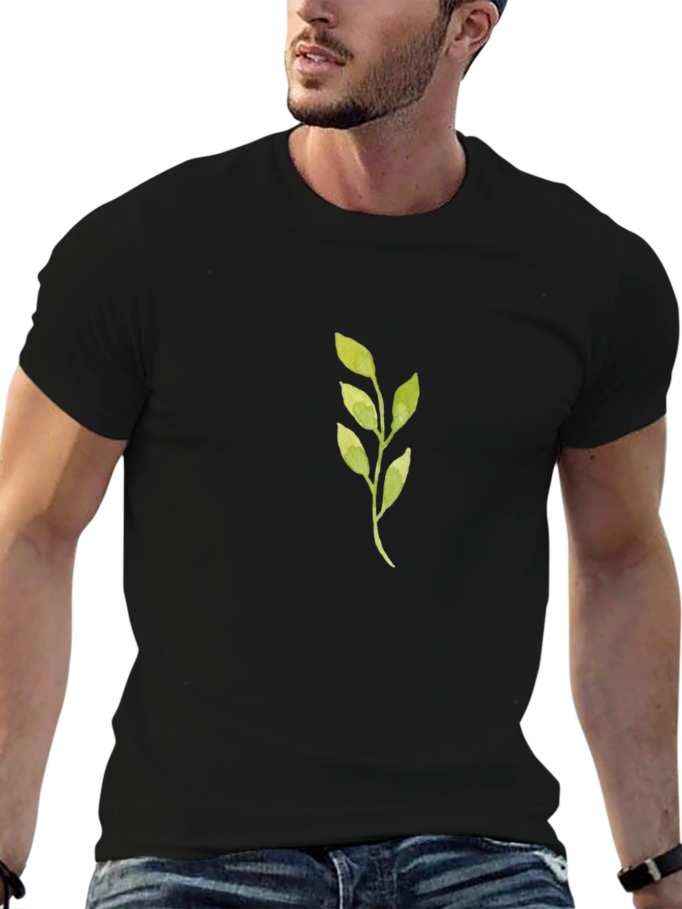 Green Leaf Graphic Black T-Shirt